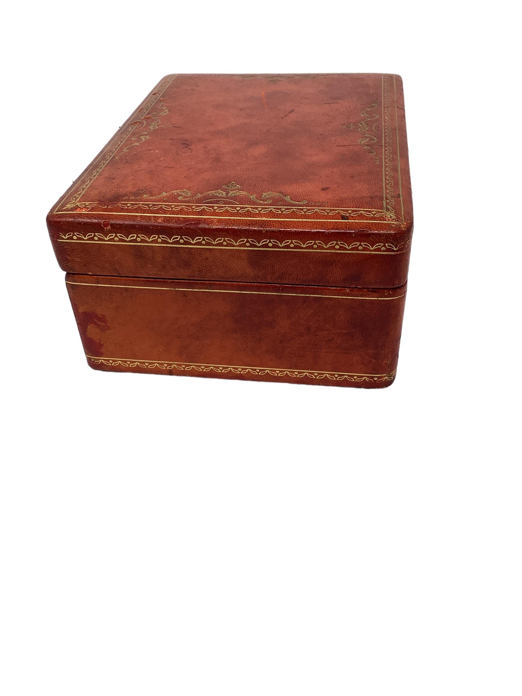 Mid-Century Modern Italian Red Leather Jewelry Box with Gold Tooling 