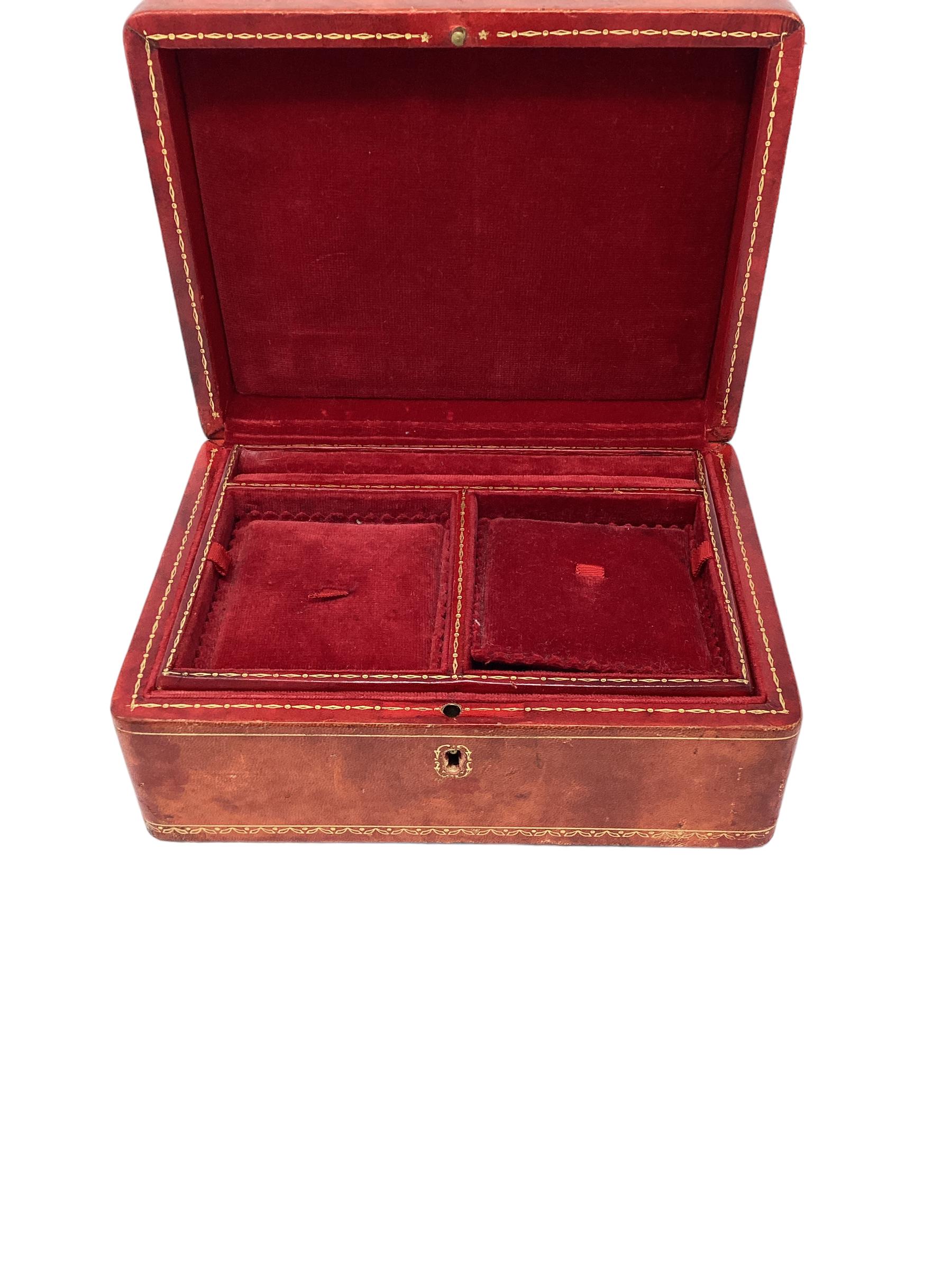 Italian Red Leather Jewelry Box with Gold Tooling  In Good Condition In Chapel Hill, NC