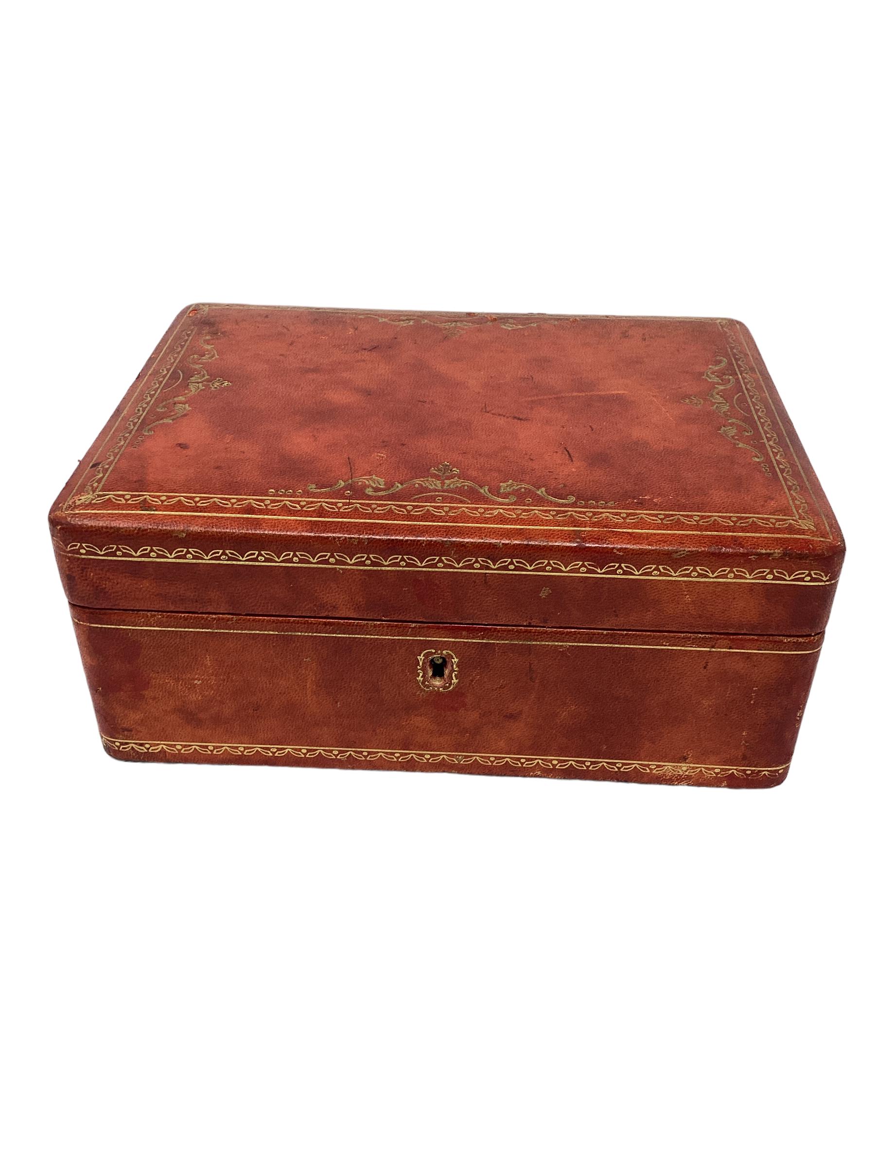 Italian Red Leather Jewelry Box with Gold Tooling  2