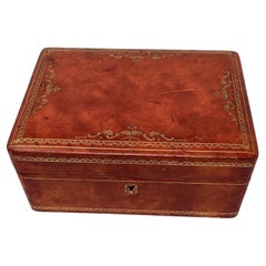 Vintage Italian Red Leather Jewelry Box with Gold Tooling 