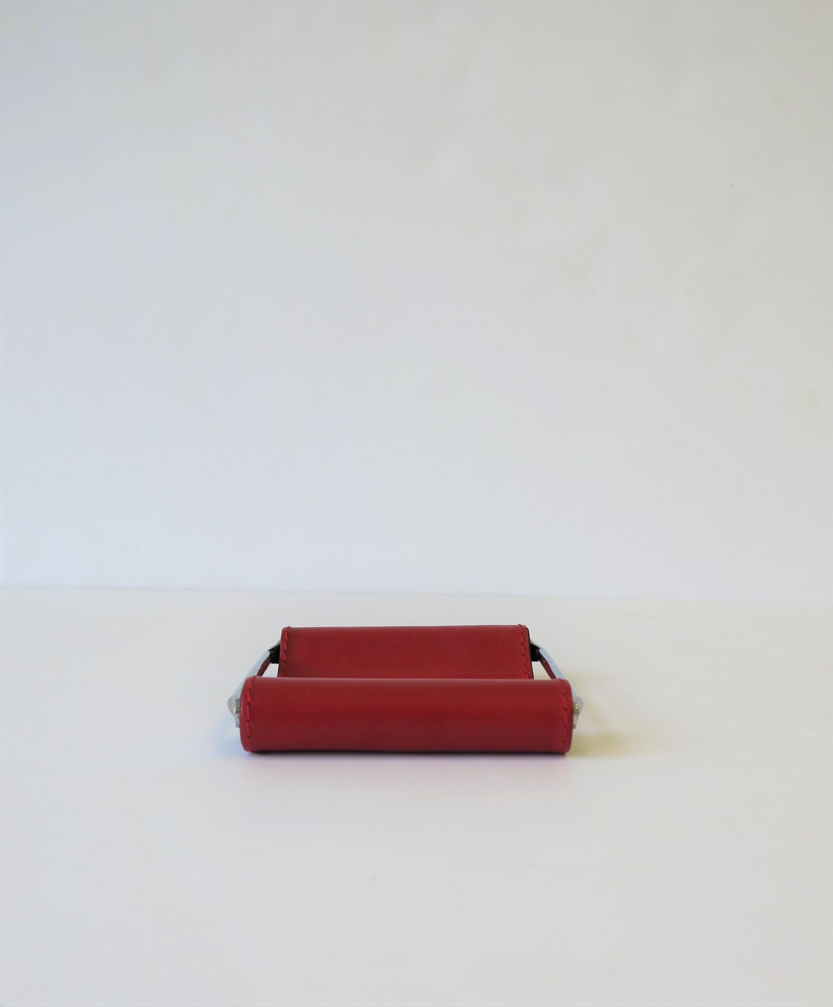 Italian Red Leather Jewelry Dish Vide-Poche or Desk Vessel 5
