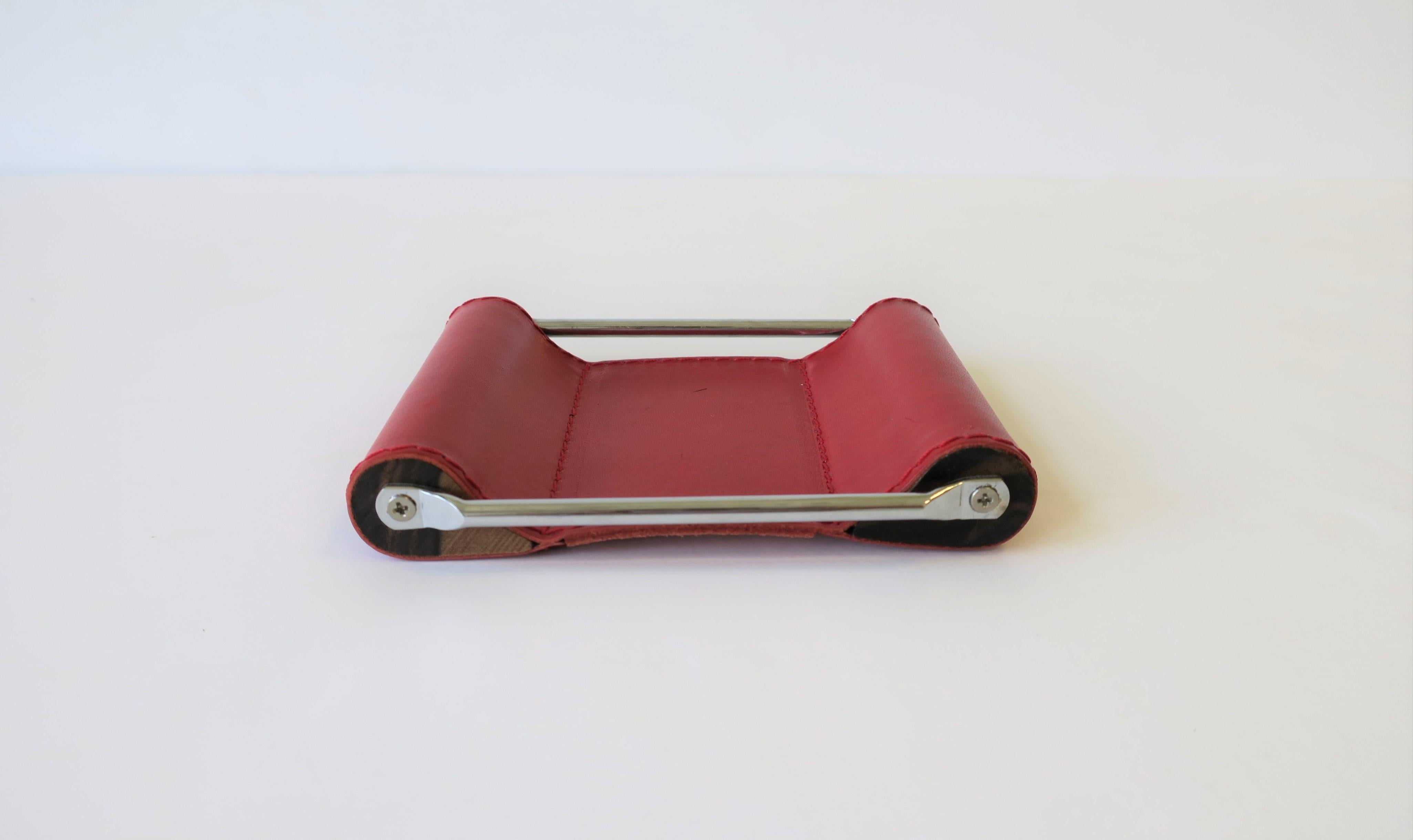 Italian Red Leather Jewelry Dish Vide-Poche or Desk Vessel 6