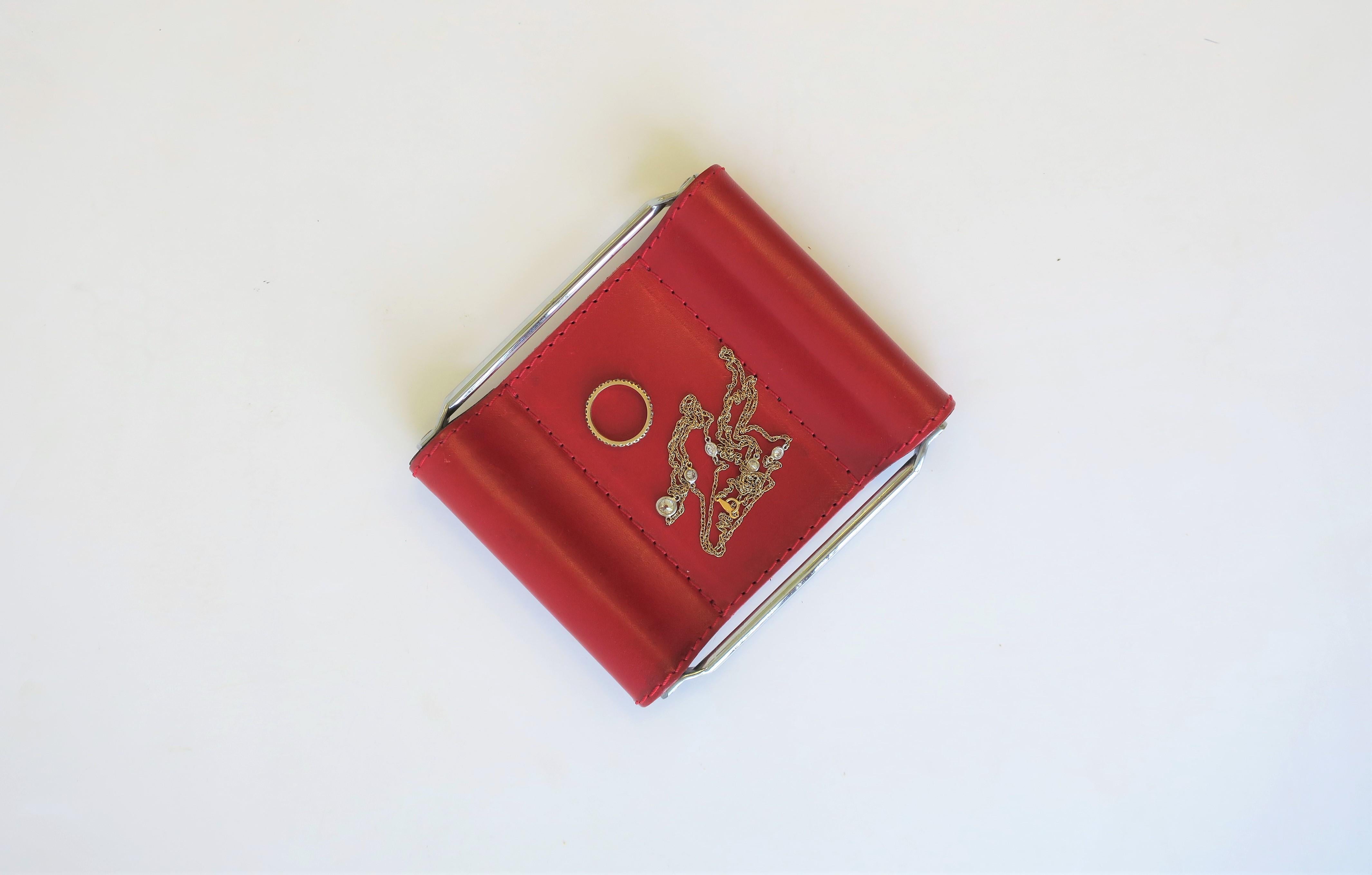 Italian Red Leather Jewelry Dish Vide-Poche or Desk Vessel 3