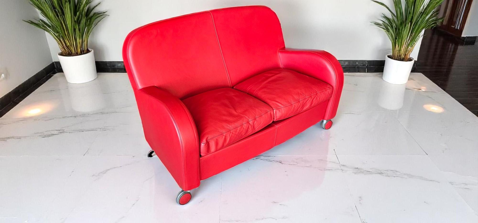 Steel Italian Red Leather Sofa Daisy by Poltrona Frau, Italy 2008 For Sale