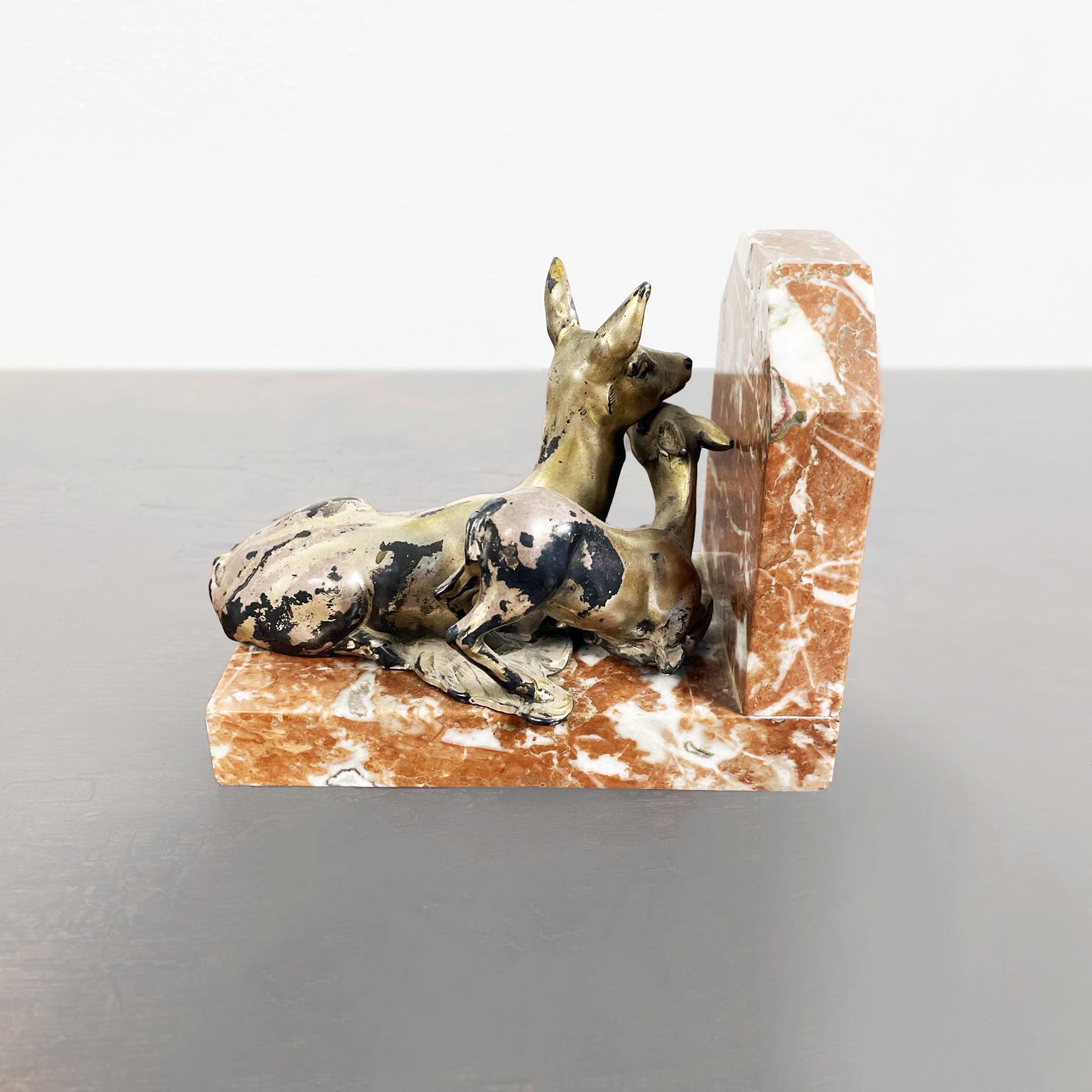 Italian Red Marble and Brass Bookends with Deer and Doe, Early 1900s For Sale 5