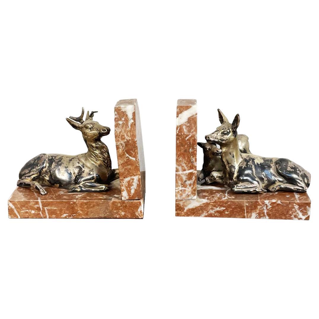 Italian Red Marble and Brass Bookends with Deer and Doe, Early 1900s For Sale