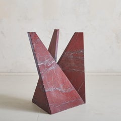 Italian Red Marble Base Side or Center Table with Round Glass Top, 1970s