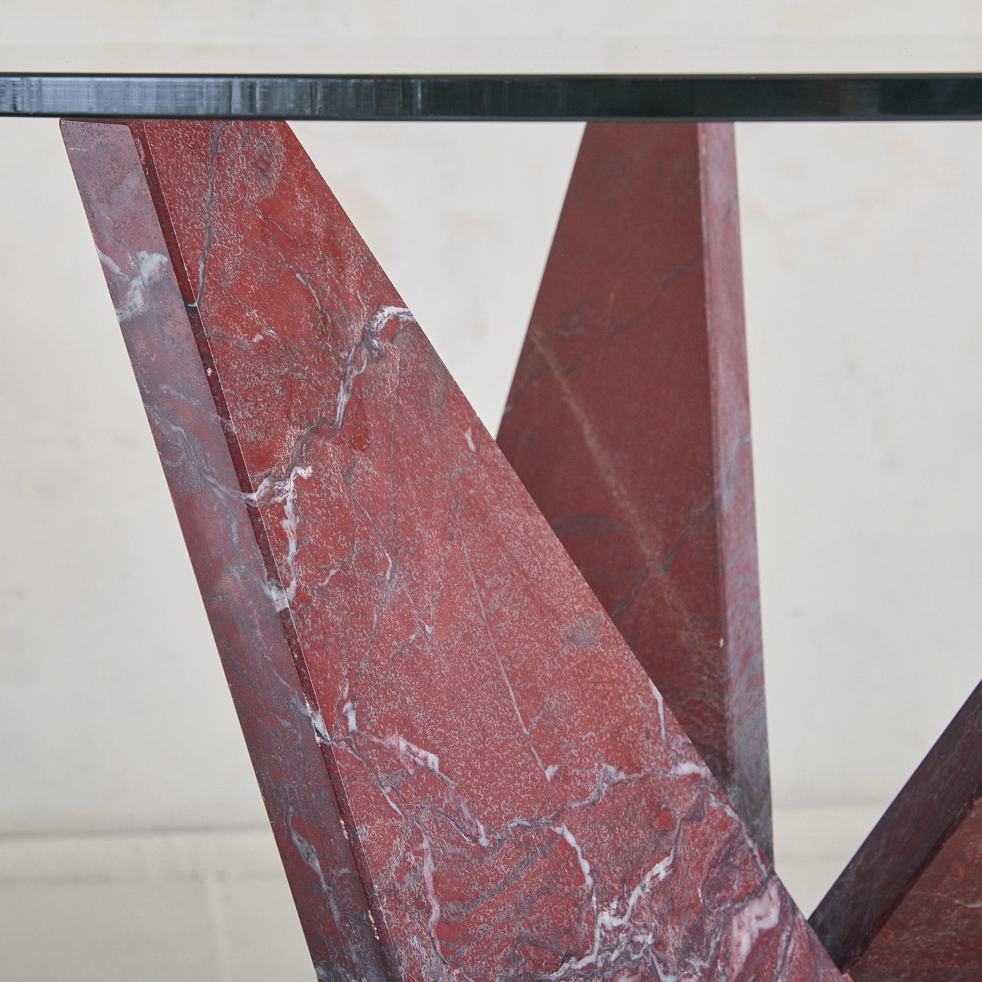 italien Italian Red Marble Base Side or Center Table with Round Glass Top, 1970s en vente