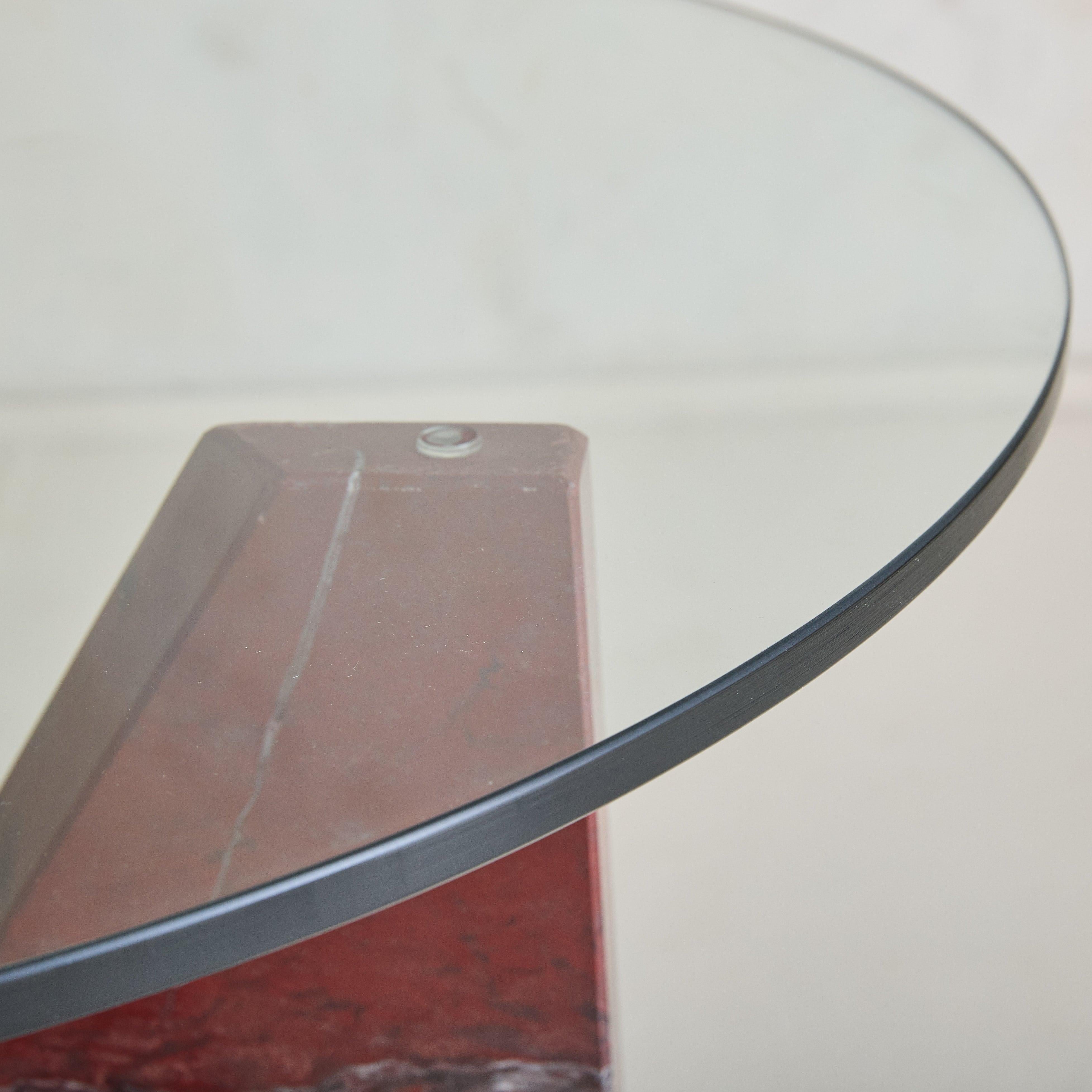 Verre Italian Red Marble Base Side or Center Table with Round Glass Top, 1970s en vente