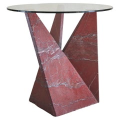 Italian Red Marble Base Side or Center Table with Round Glass Top, 1970s