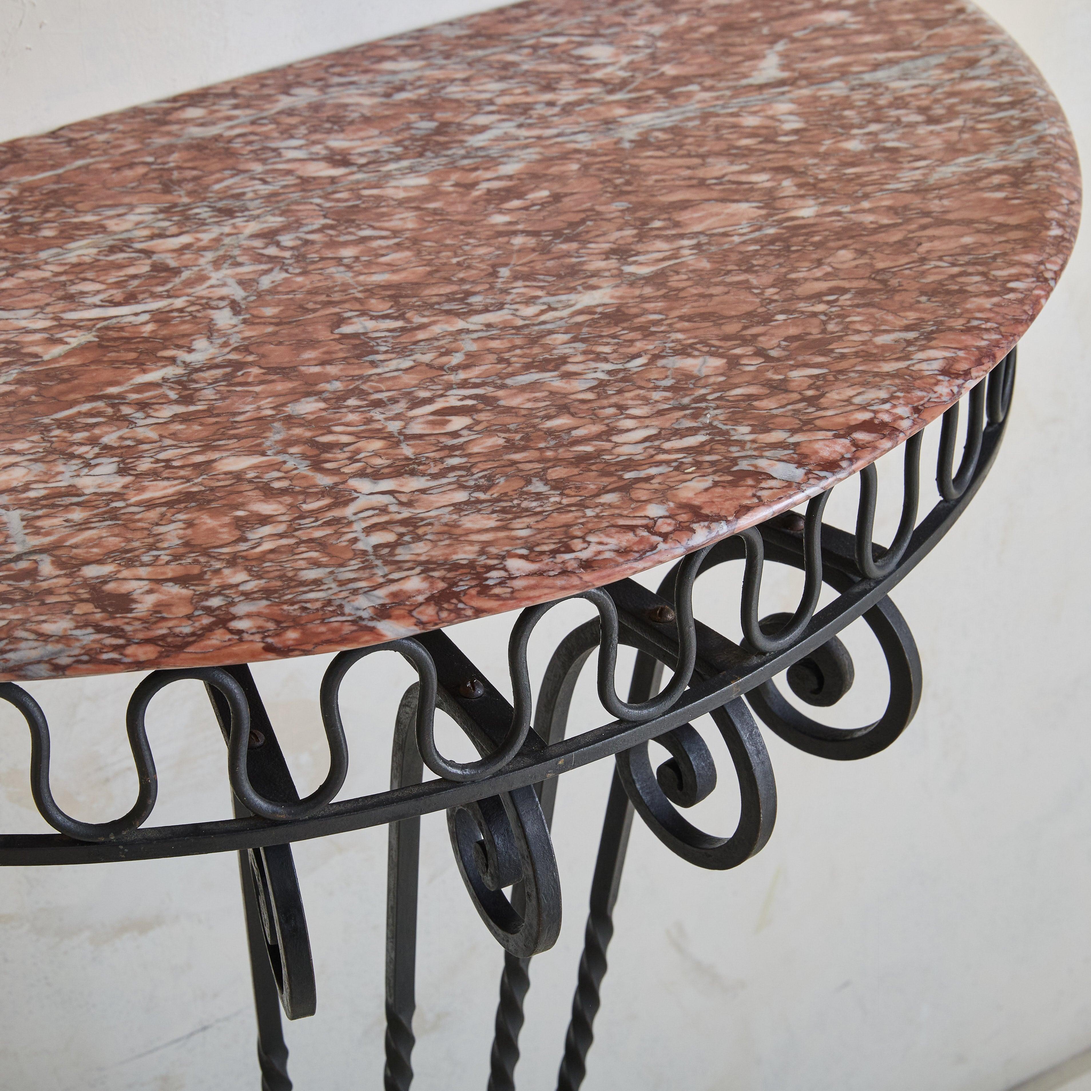 Italian Red Marble Demilune Wall-Mounted Console with Iron Base, 1950s For Sale 1