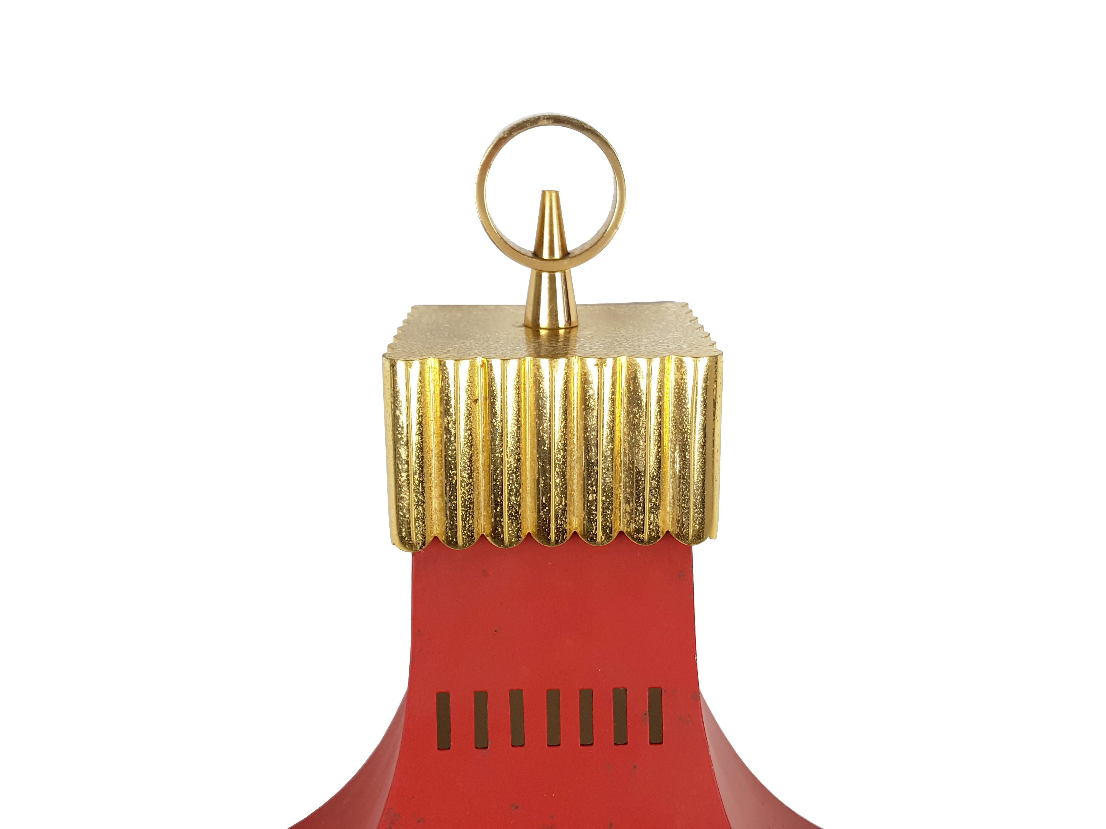 Mid-Century Modern Italian Red Metal, Glass and Brass Midcentury Sconce For Sale