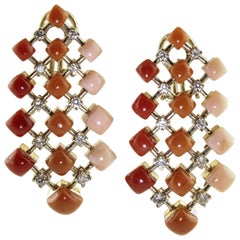 Italian Red-Orange-Pink Angel Skin Coral Diamonds Rose Gold Clip-On Earrings