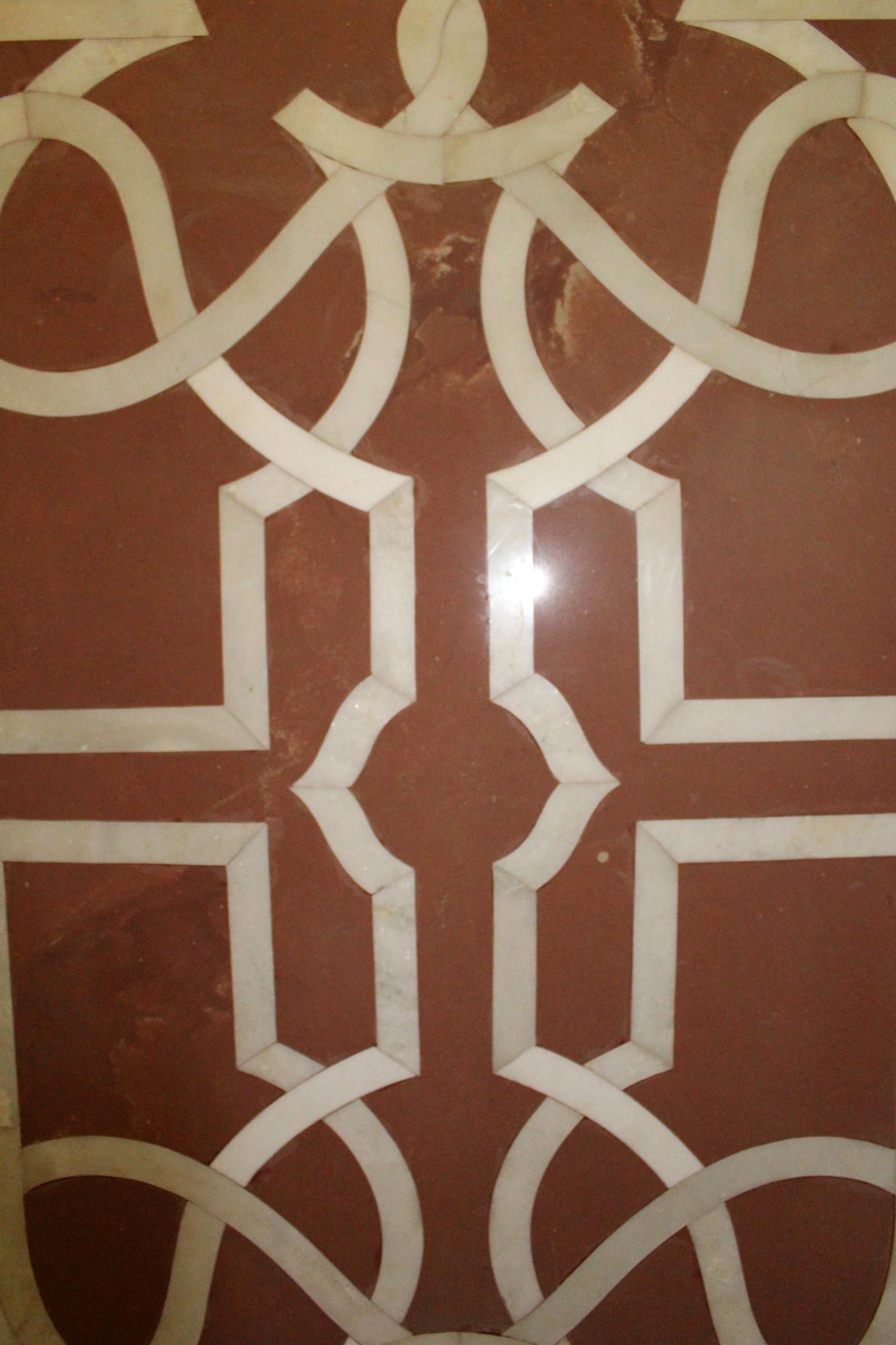 20th Century Italian Red Sandstone Tabletop with White Marble Geometric Inlays For Sale