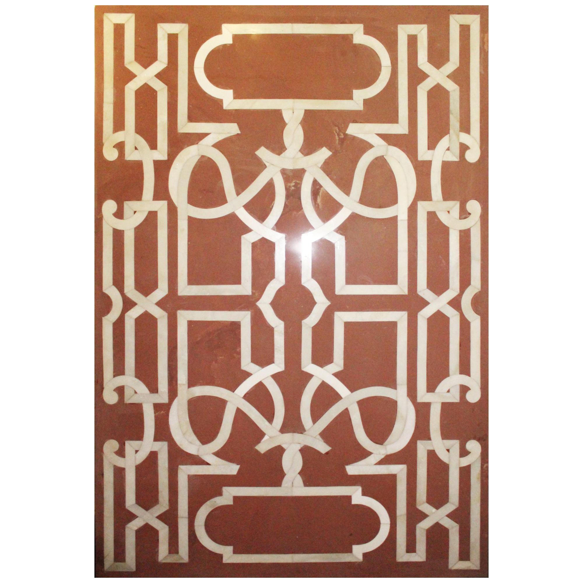 Italian Red Sandstone Tabletop with White Marble Geometric Inlays For Sale