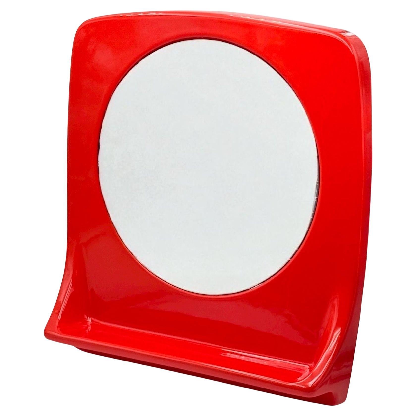 Italian Red Space Age Mirror with Shelf, Large Vintage Wall Design