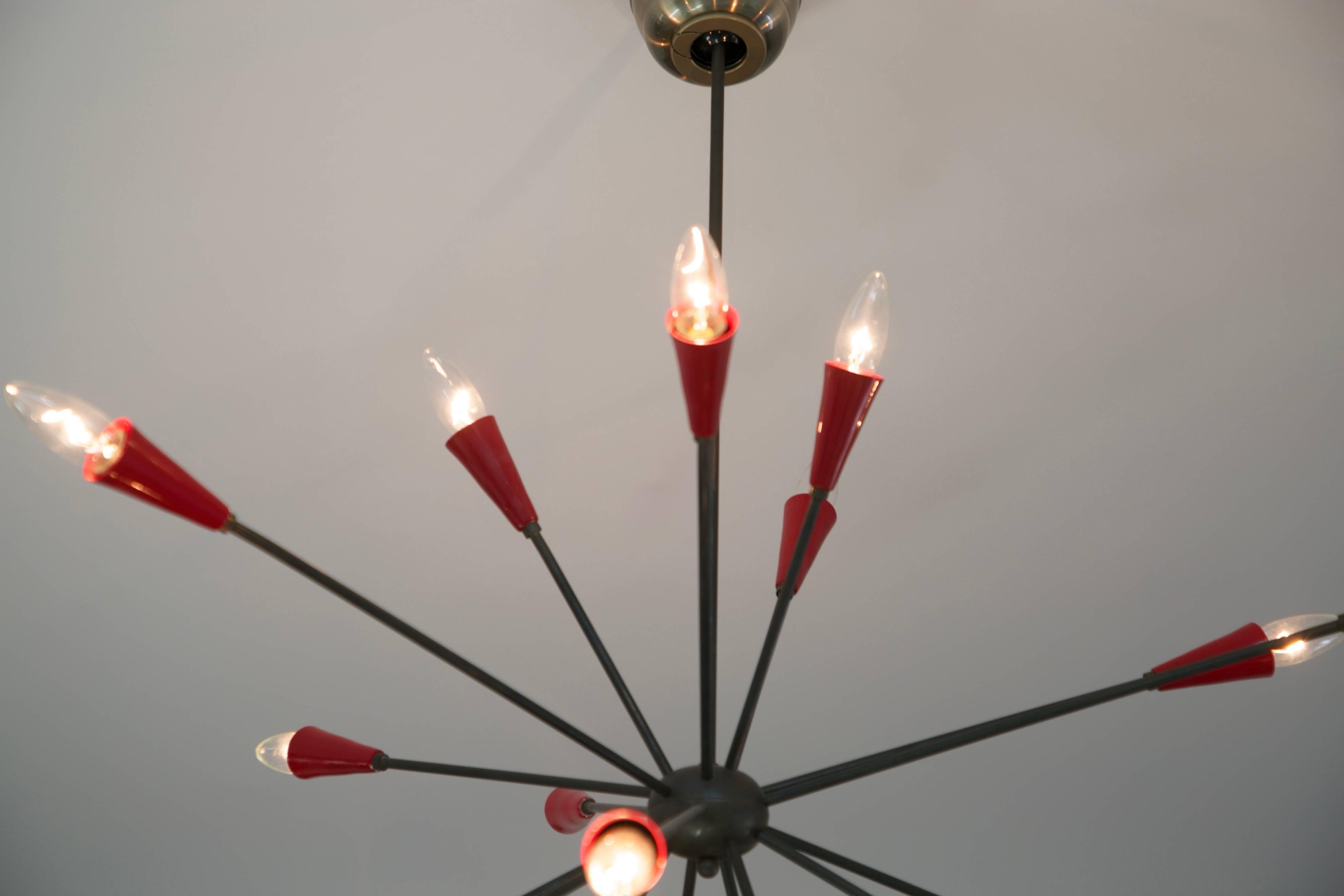 Mid-Century Modern Stilnovo Attributed 17-Arm Red Sputnik Chandelier, circa 1950