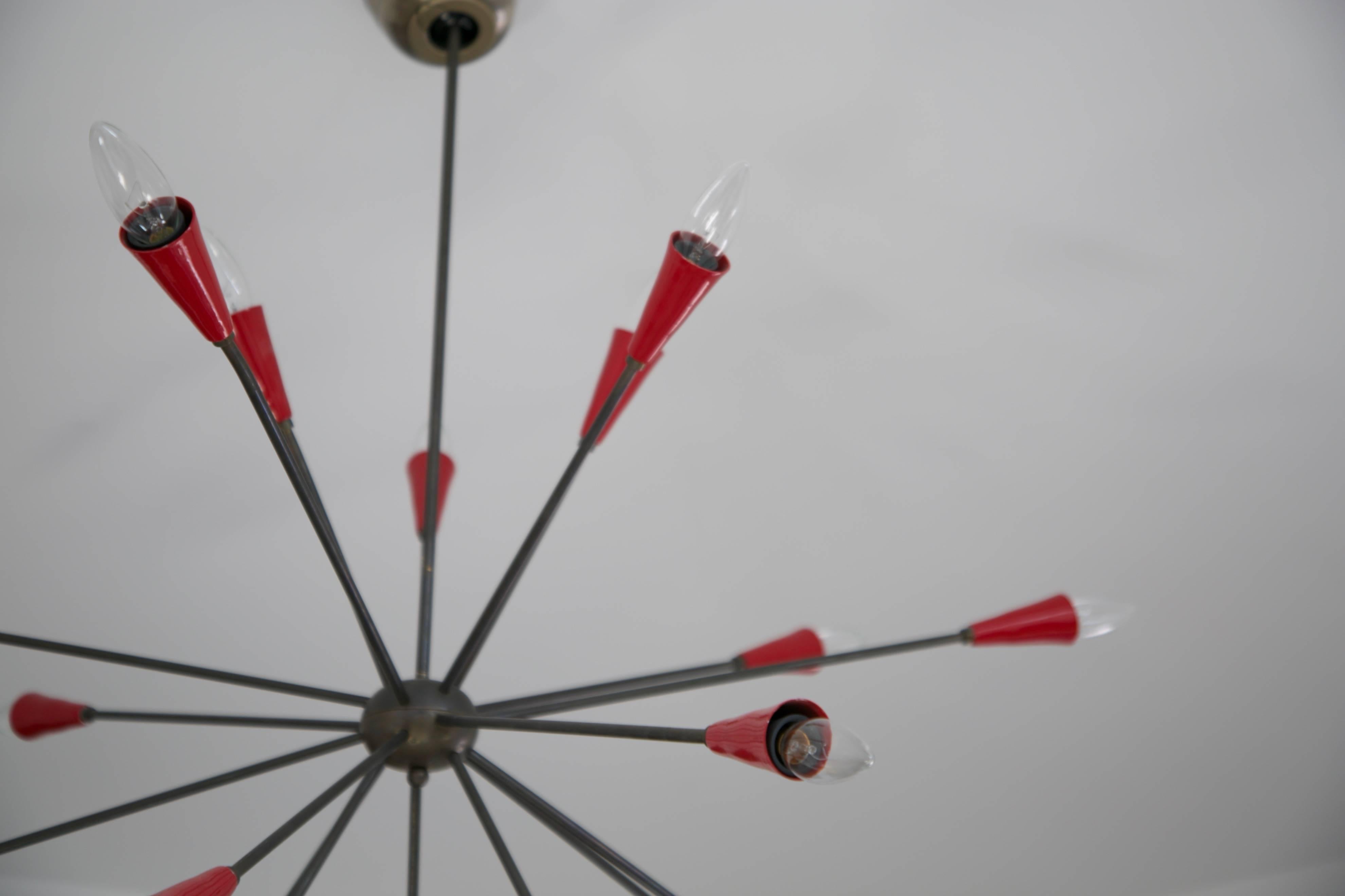 Stilnovo Attributed 17-Arm Red Sputnik Chandelier, circa 1950 In Good Condition In Los Angeles, CA