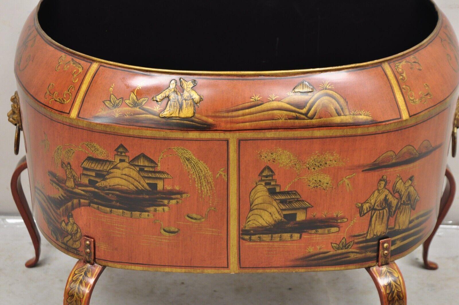 Italian Red Tole Chinoiserie Gilt Decorated Floor Jardiniere Planter In Good Condition For Sale In Philadelphia, PA