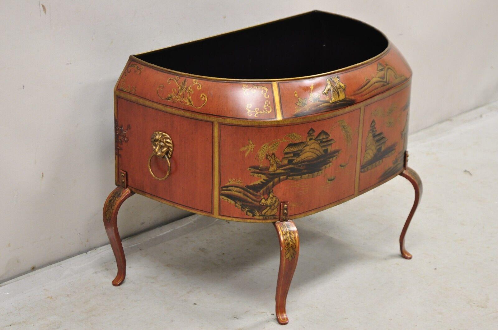Metal Italian Red Tole Chinoiserie Gilt Decorated Floor Jardiniere Planter For Sale