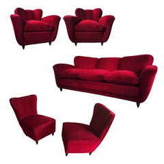 Italian Red Velvet Living Room Set attributable to Guglielmo Ulrich, 1950s
