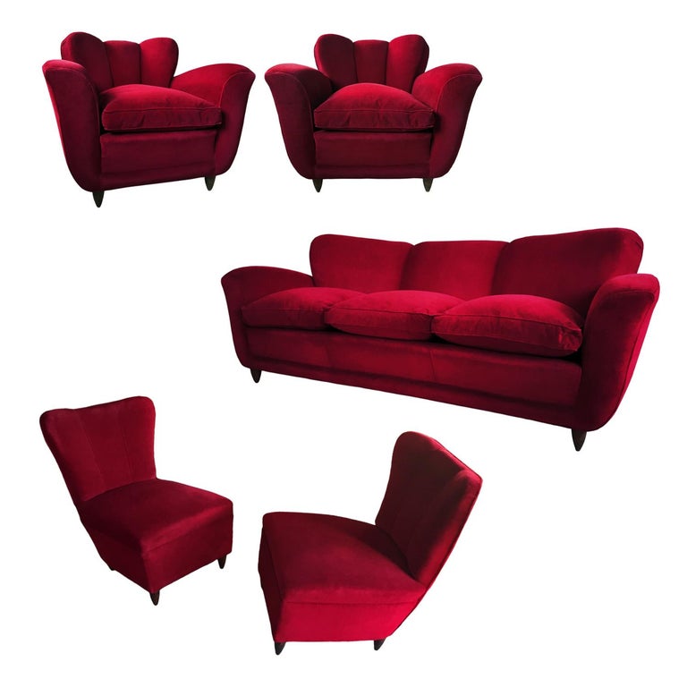 Italian Red Velvet Living Room Set attributable to Guglielmo Ulrich ...