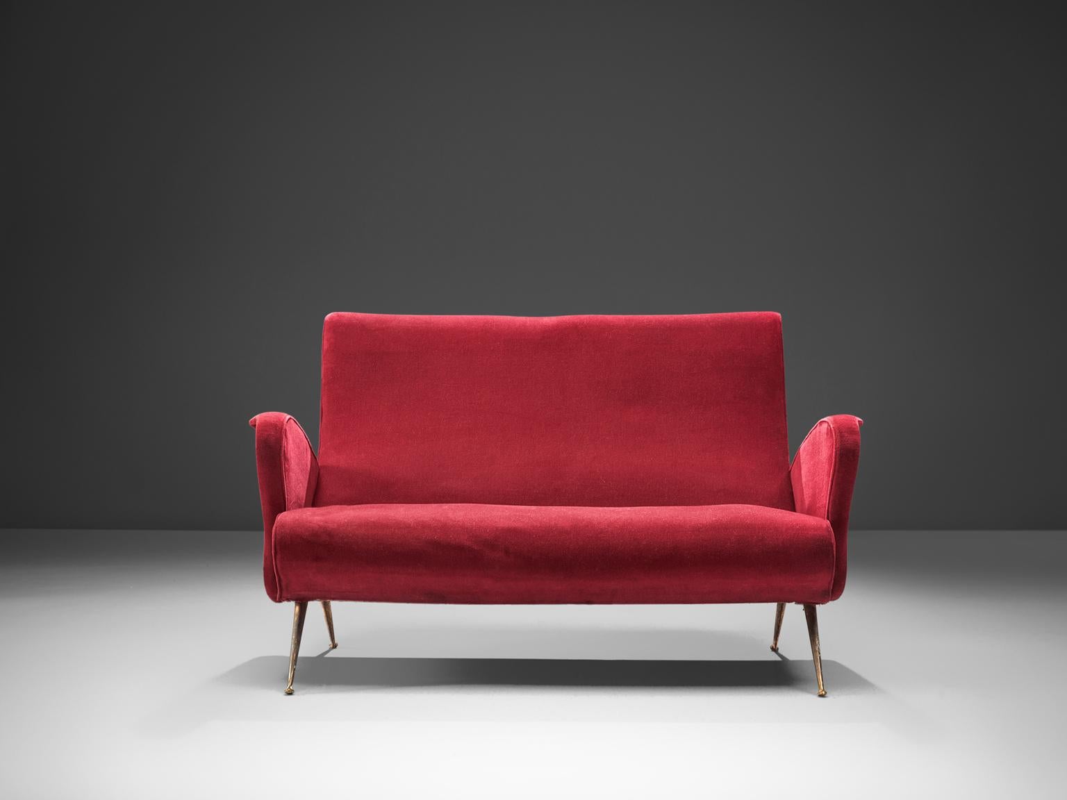 Mid-Century Modern Italian Red Velvet Settee, circa 1950