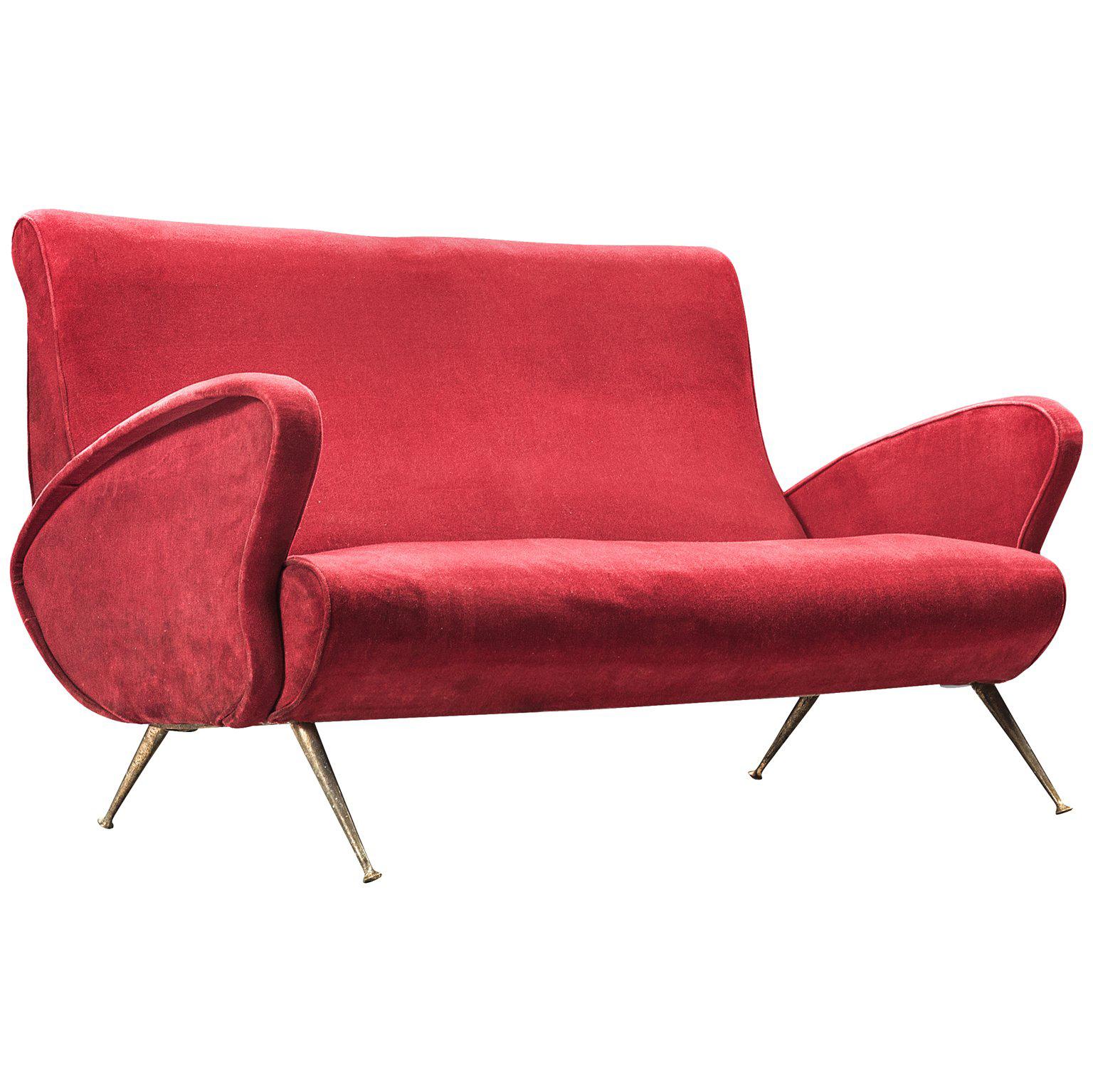 Italian Red Velvet Settee, circa 1950