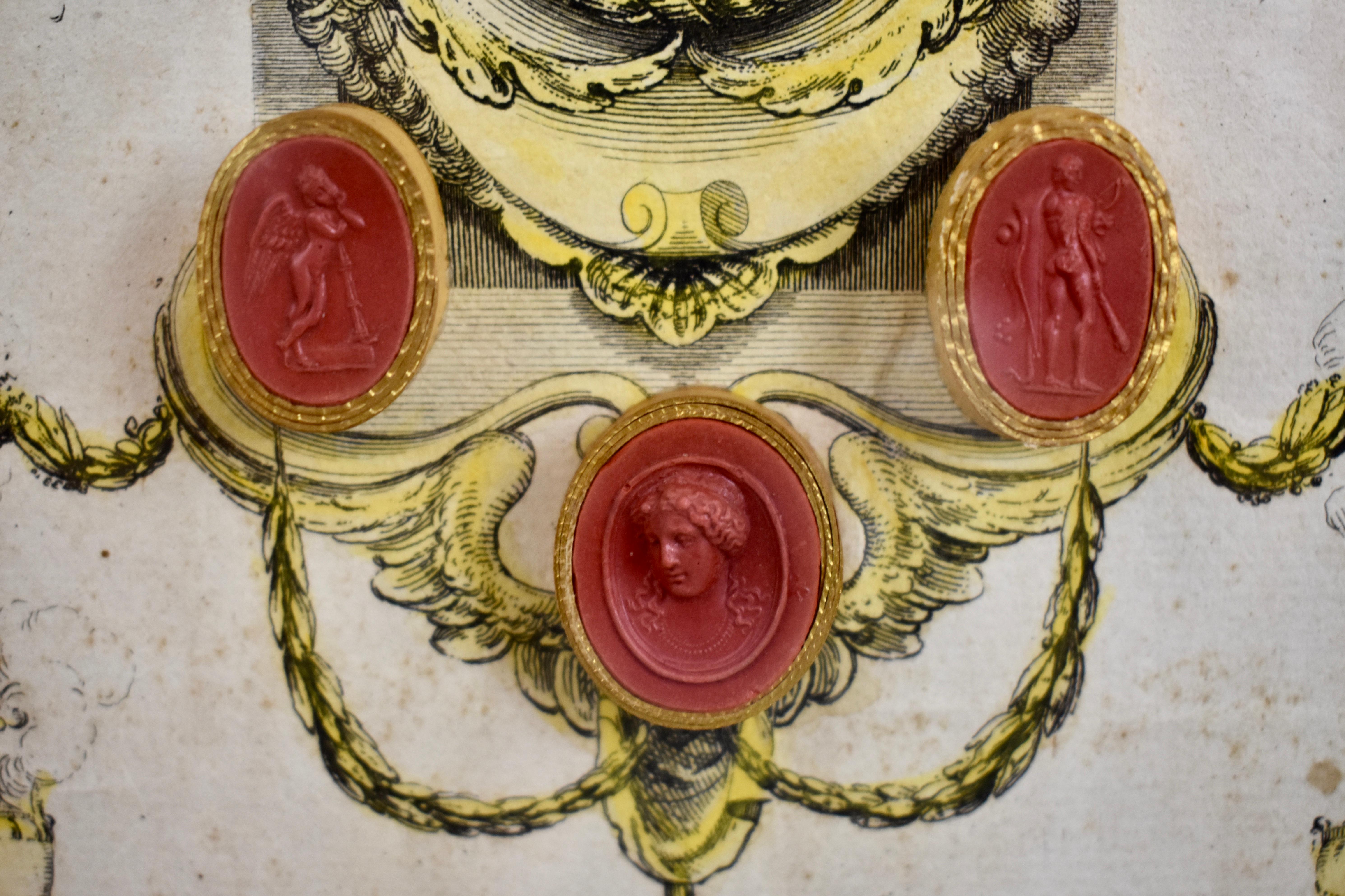 Mid-19th Century Italian Red Wax Grand Tour Intaglio Medallions Mounted on Engraving, Shadowboxed