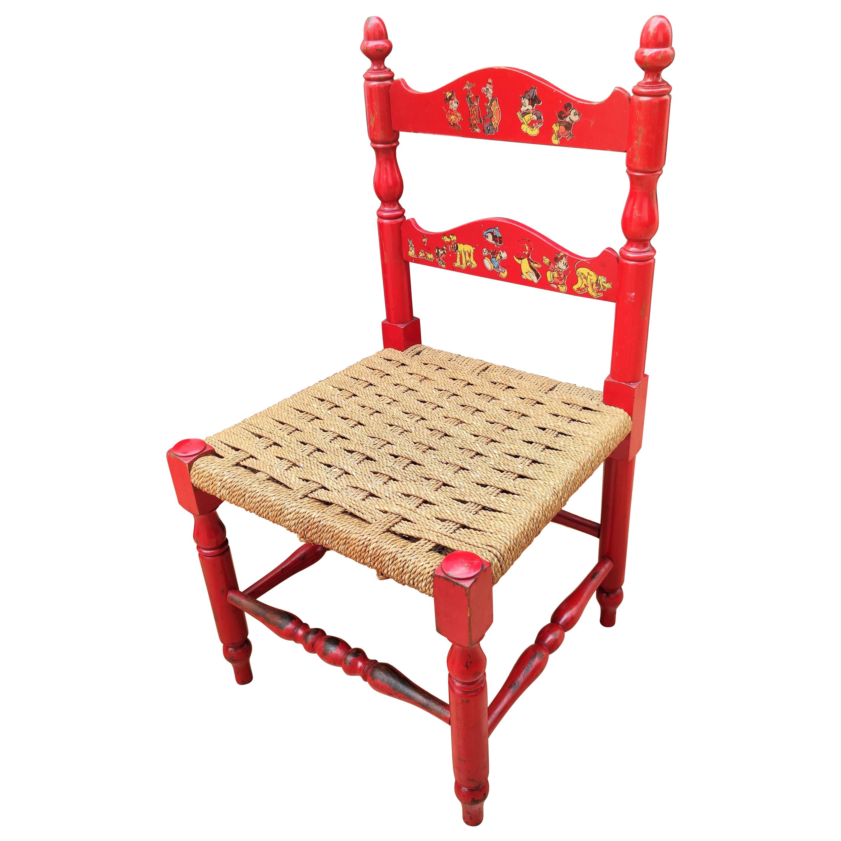 Italian Red Wood and Rope Rush Kids Children Chair with Disney Graphics