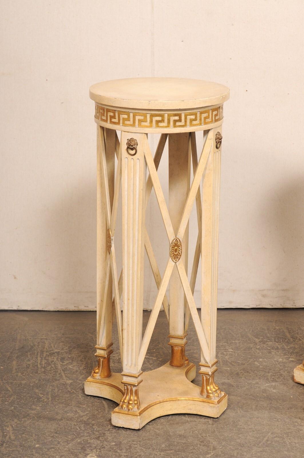 Italian Regency 3 Ft Tall Pedestal Tables w/Greek Key Accents, Mid 20th C In Good Condition For Sale In Atlanta, GA