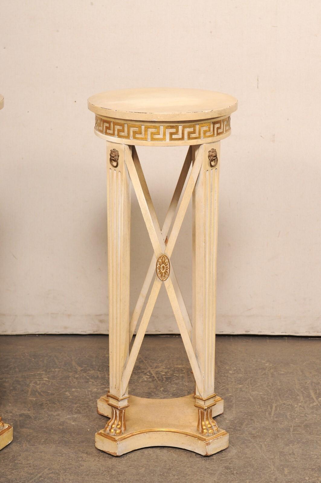 20th Century Italian Regency 3 Ft Tall Pedestal Tables w/Greek Key Accents, Mid 20th C For Sale