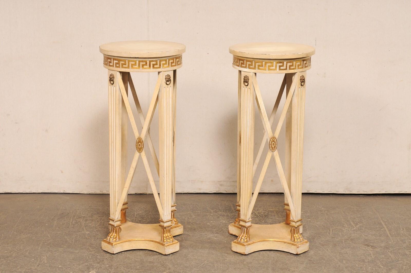 Italian Regency 3 Ft Tall Pedestal Tables w/Greek Key Accents, Mid 20th C For Sale 2