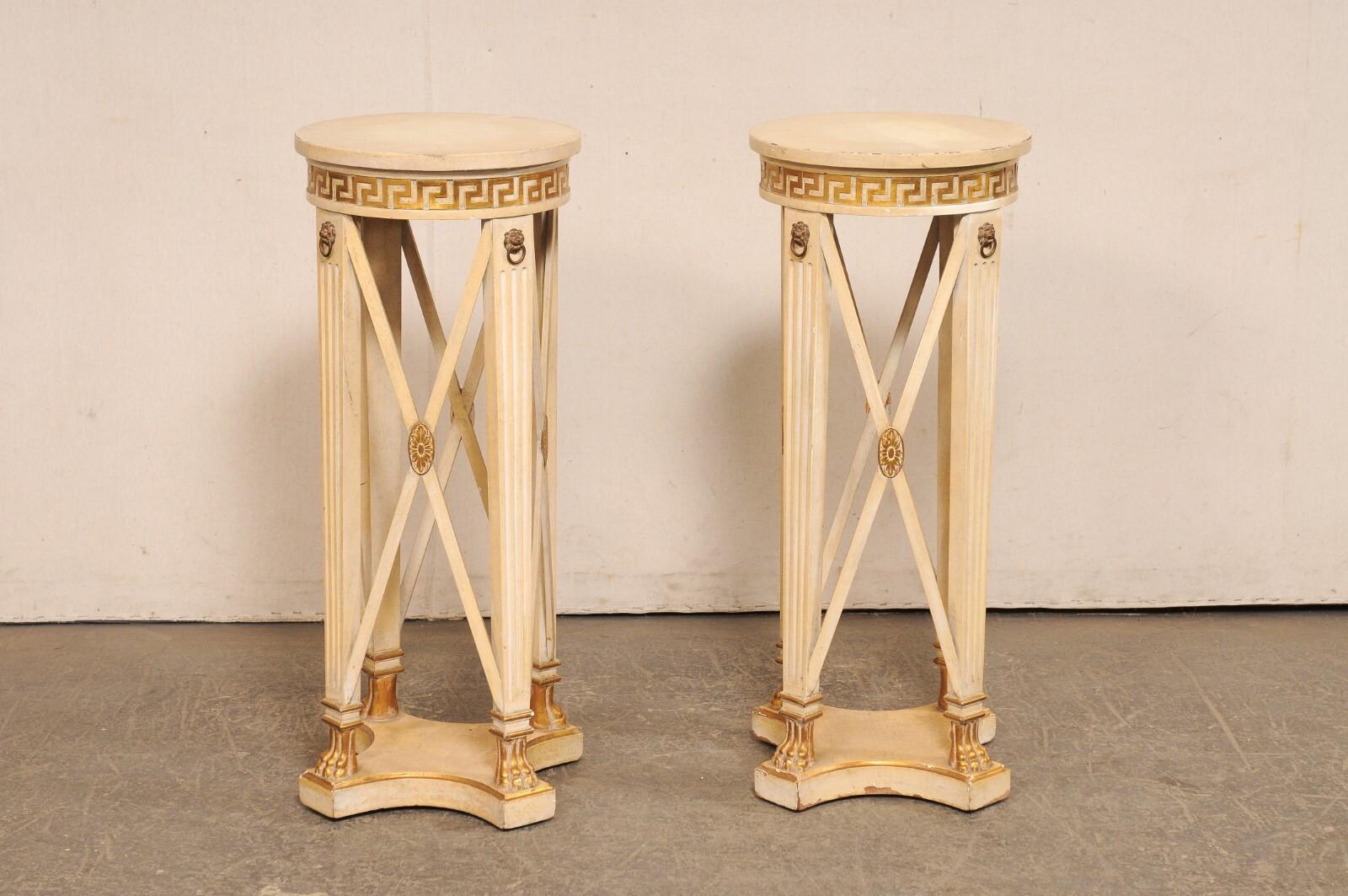 Italian Regency 3 Ft Tall Pedestal Tables w/Greek Key Accents, Mid 20th C For Sale 3