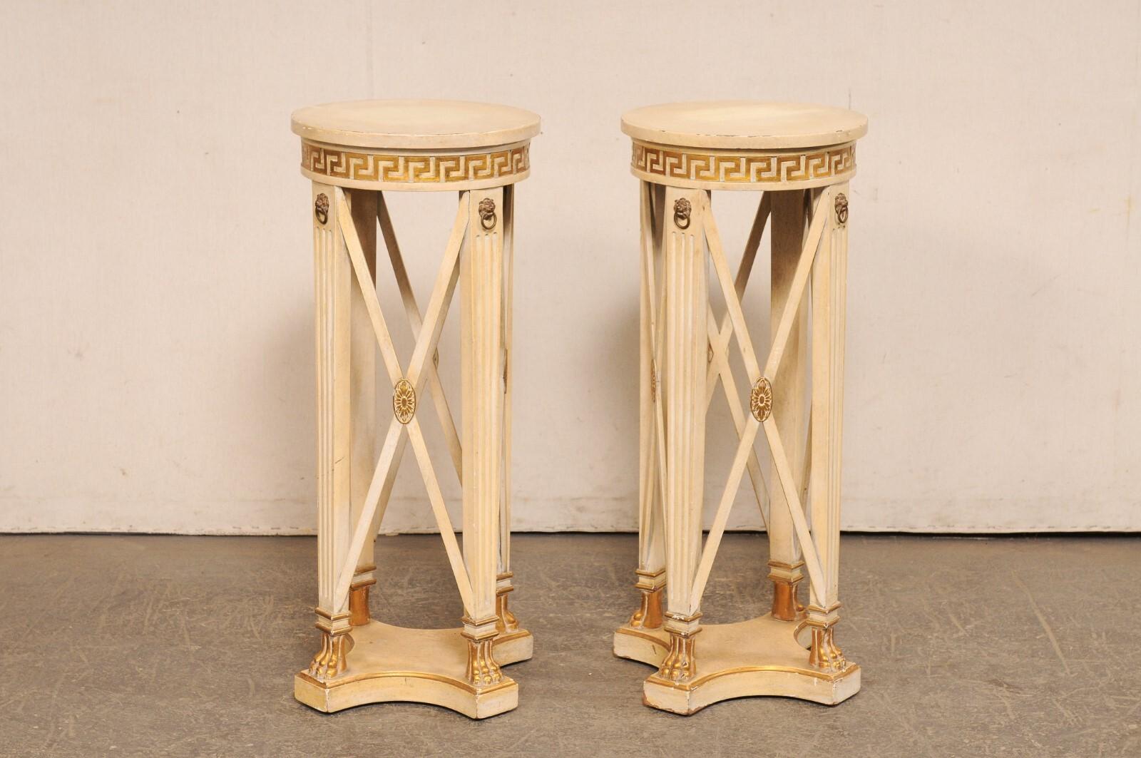 Italian Regency 3 Ft Tall Pedestal Tables w/Greek Key Accents, Mid 20th C For Sale 4