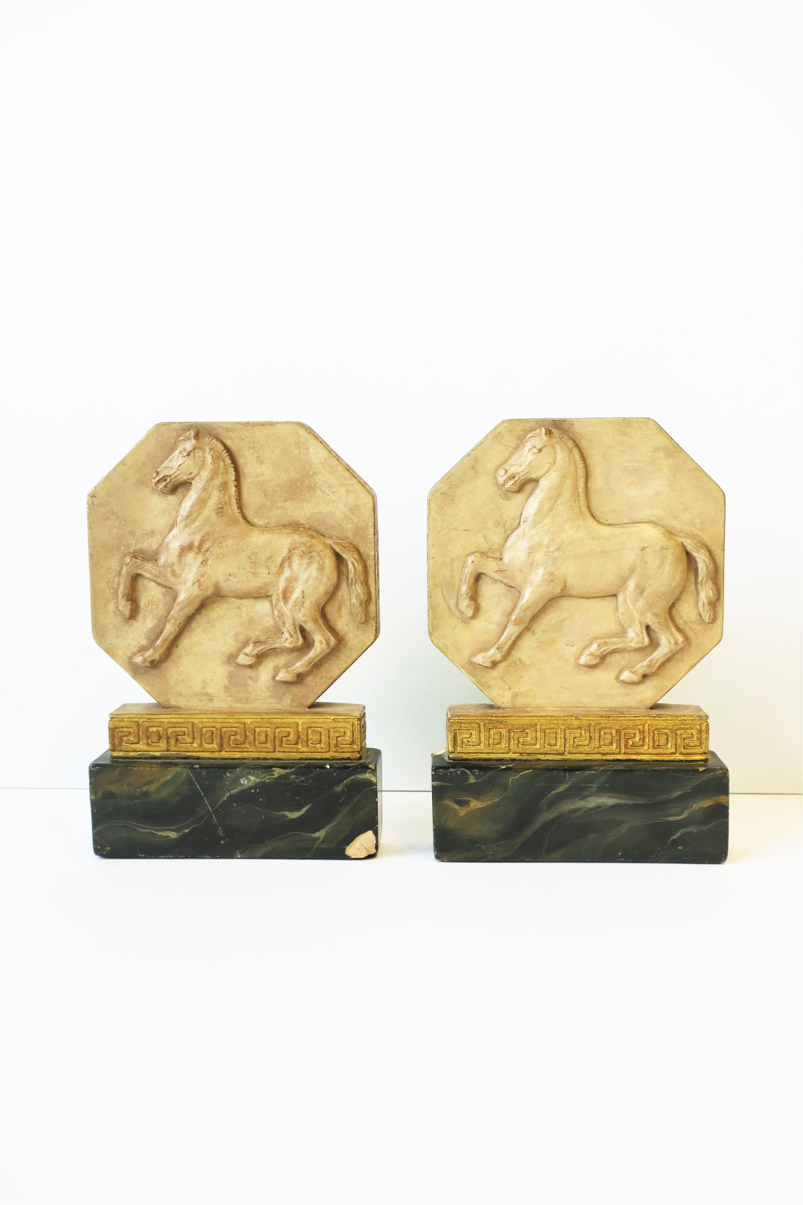 Polychromed Italian Regency Bookends with Horse and Gold Greek-Key Design, Pair