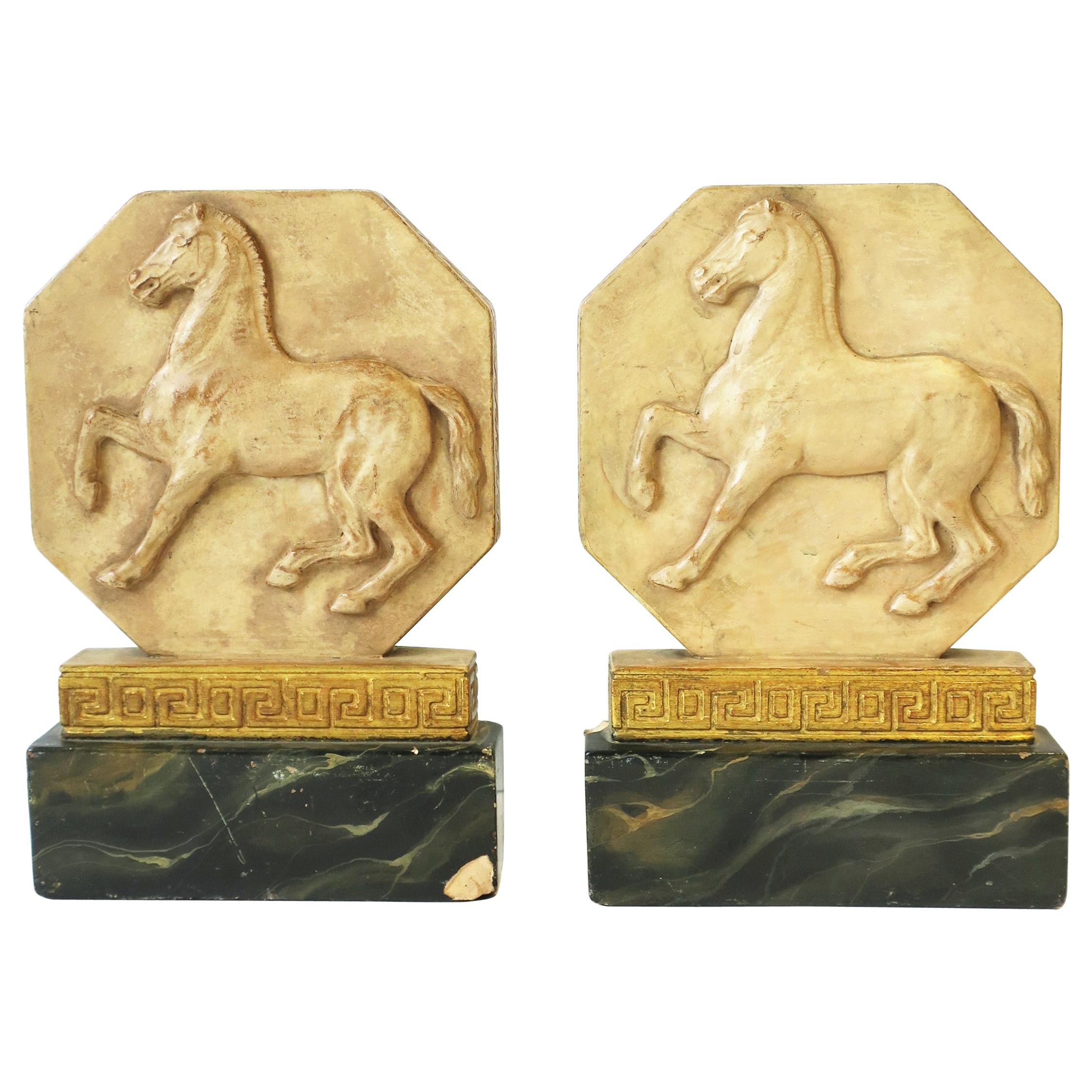 Italian Regency Bookends with Horse and Gold Greek-Key Design, Pair