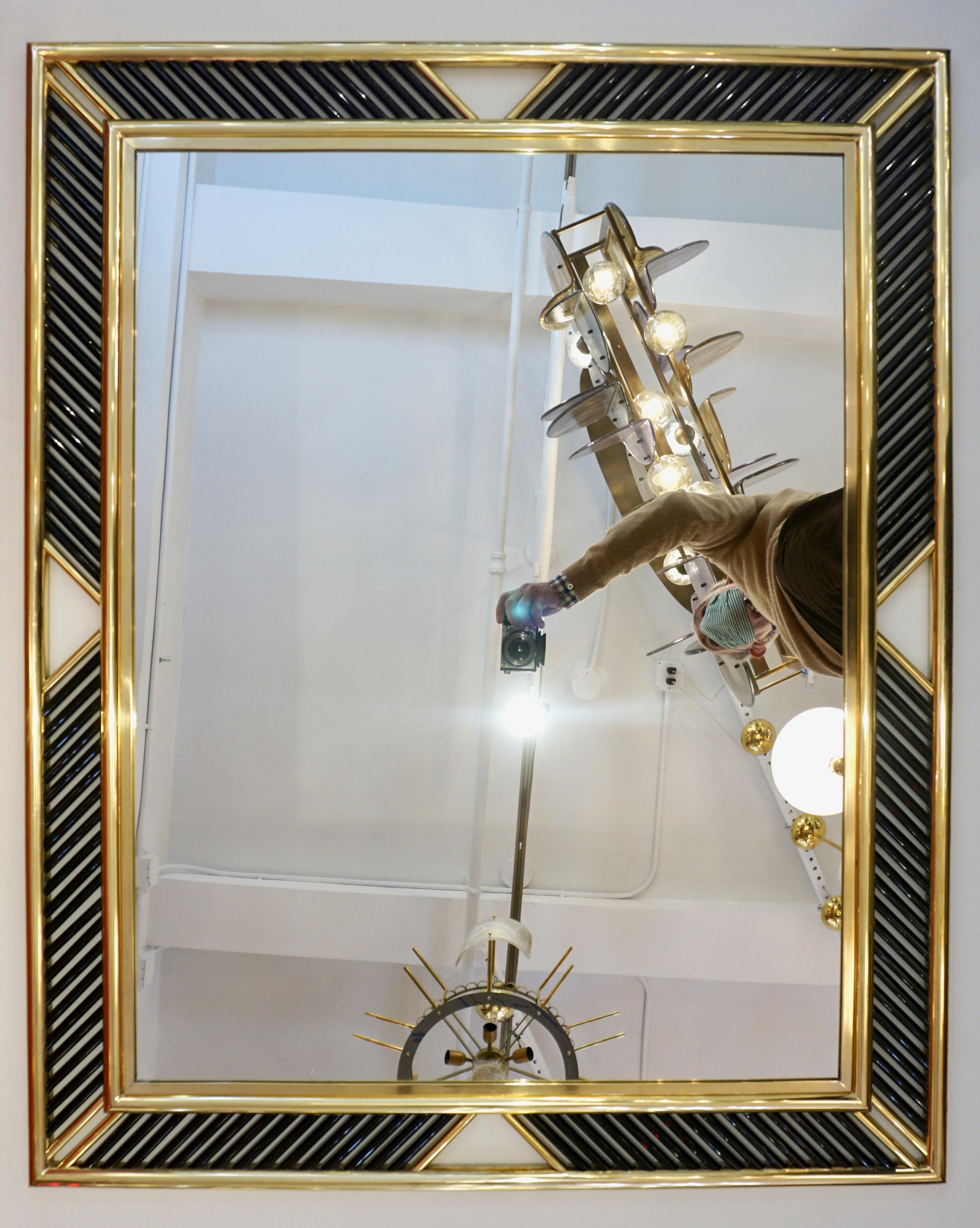 Italian Regency Brass Geometric Mirror with Black Murano Glass Baguettes 3