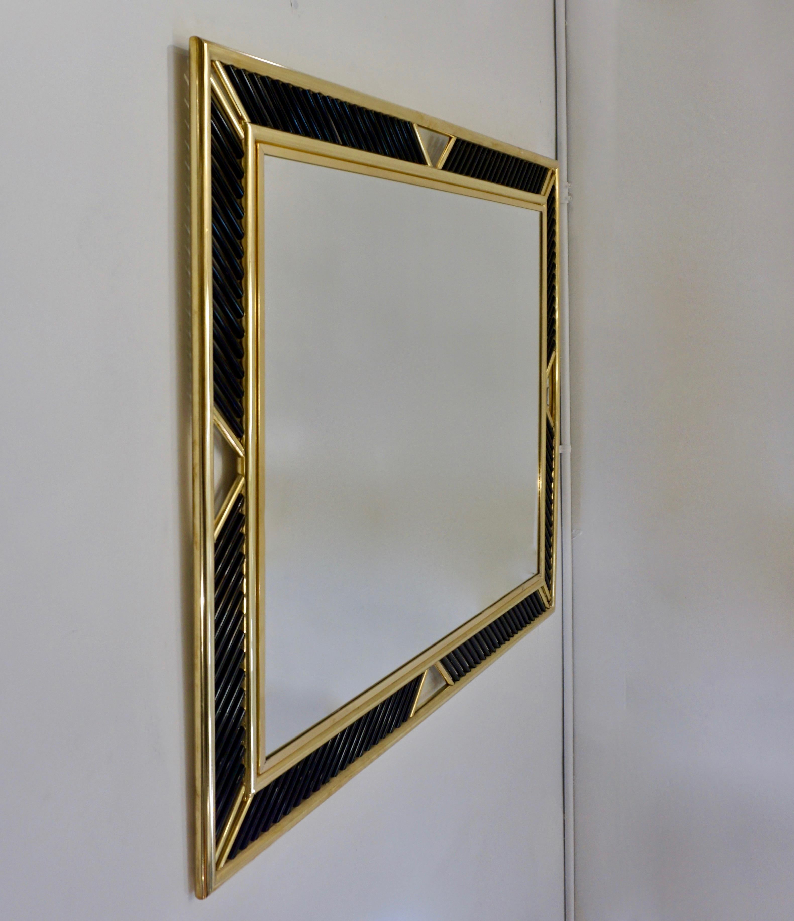 Modern Italian Regency Brass Geometric Mirror with Black Murano Glass Baguettes