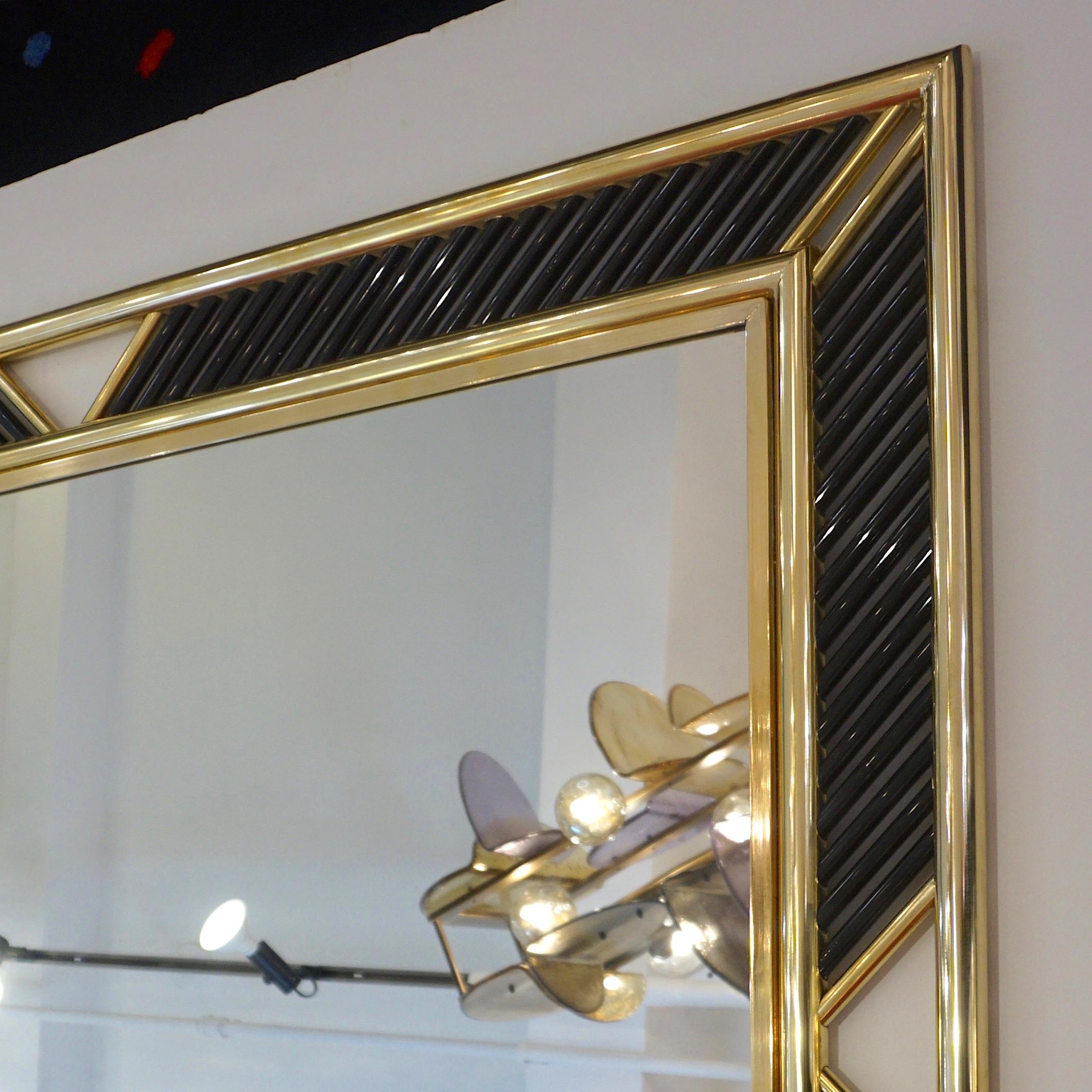 Hand-Crafted Italian Regency Brass Geometric Mirror with Black Murano Glass Baguettes