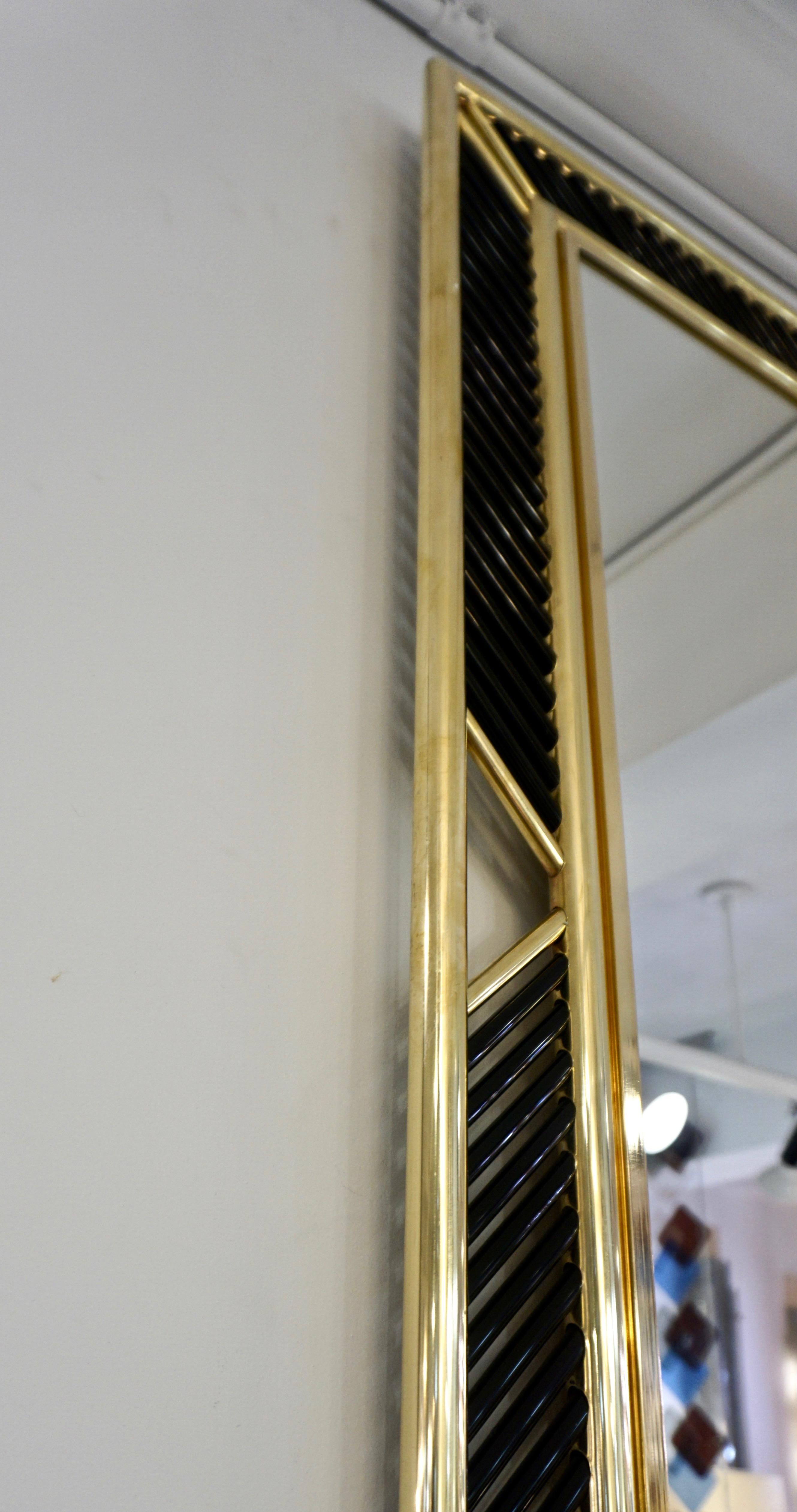 Contemporary Italian Regency Brass Geometric Mirror with Black Murano Glass Baguettes