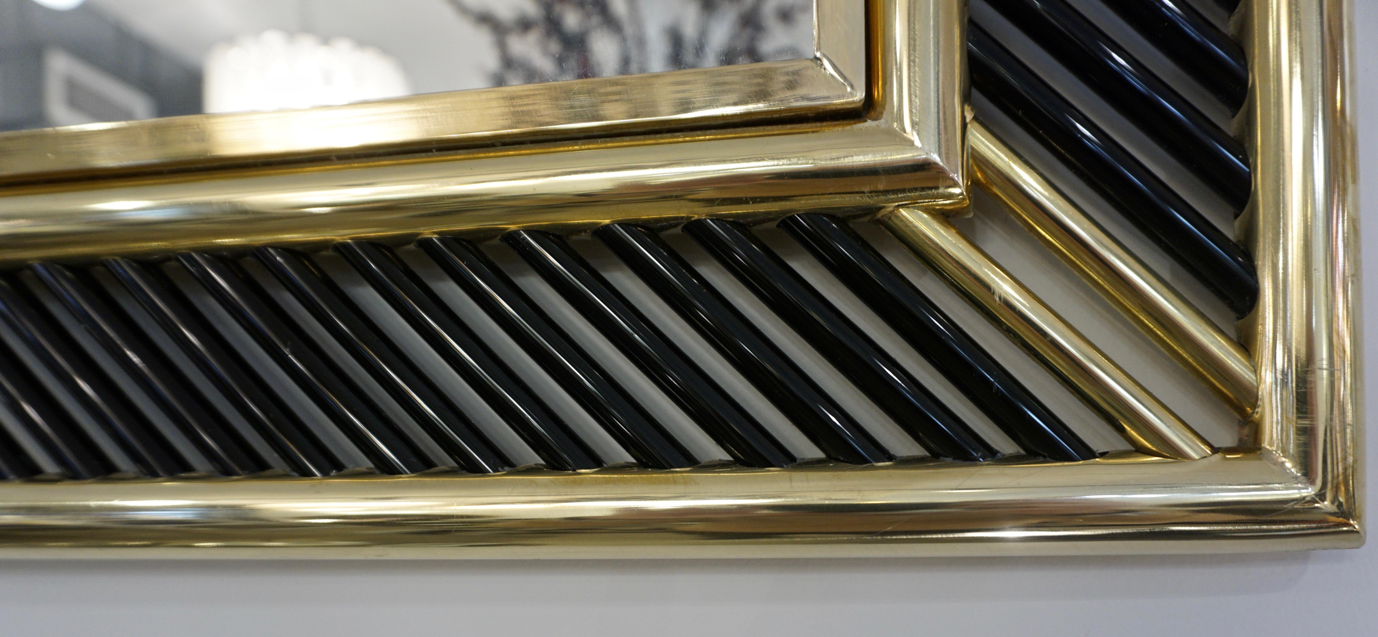 Metal Italian Regency Brass Geometric Mirror with Black Murano Glass Baguettes