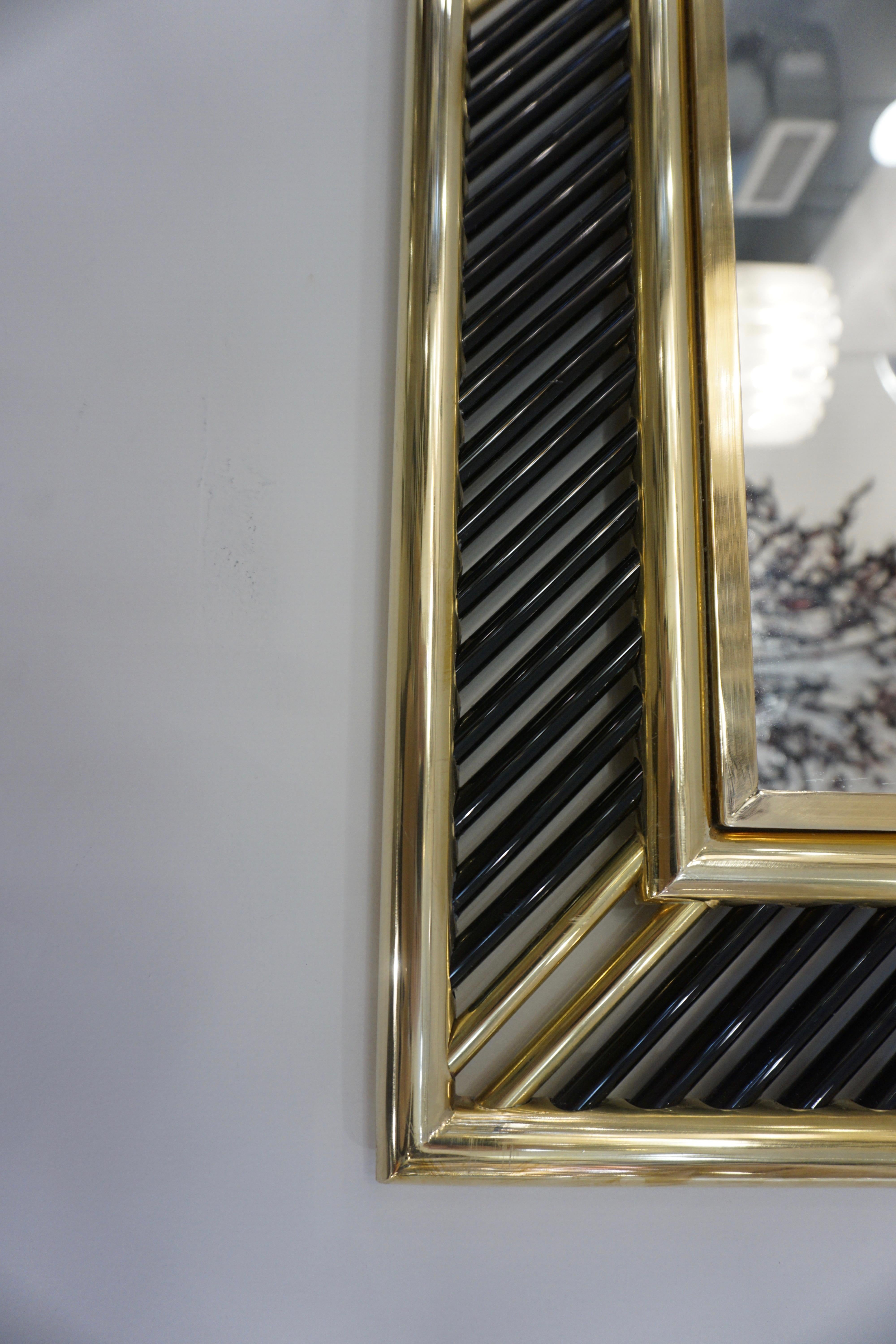 Italian Regency Brass Geometric Mirror with Black Murano Glass Baguettes 2