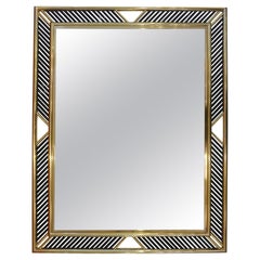 Italian Regency Brass Geometric Mirror with Black Murano Glass Baguettes