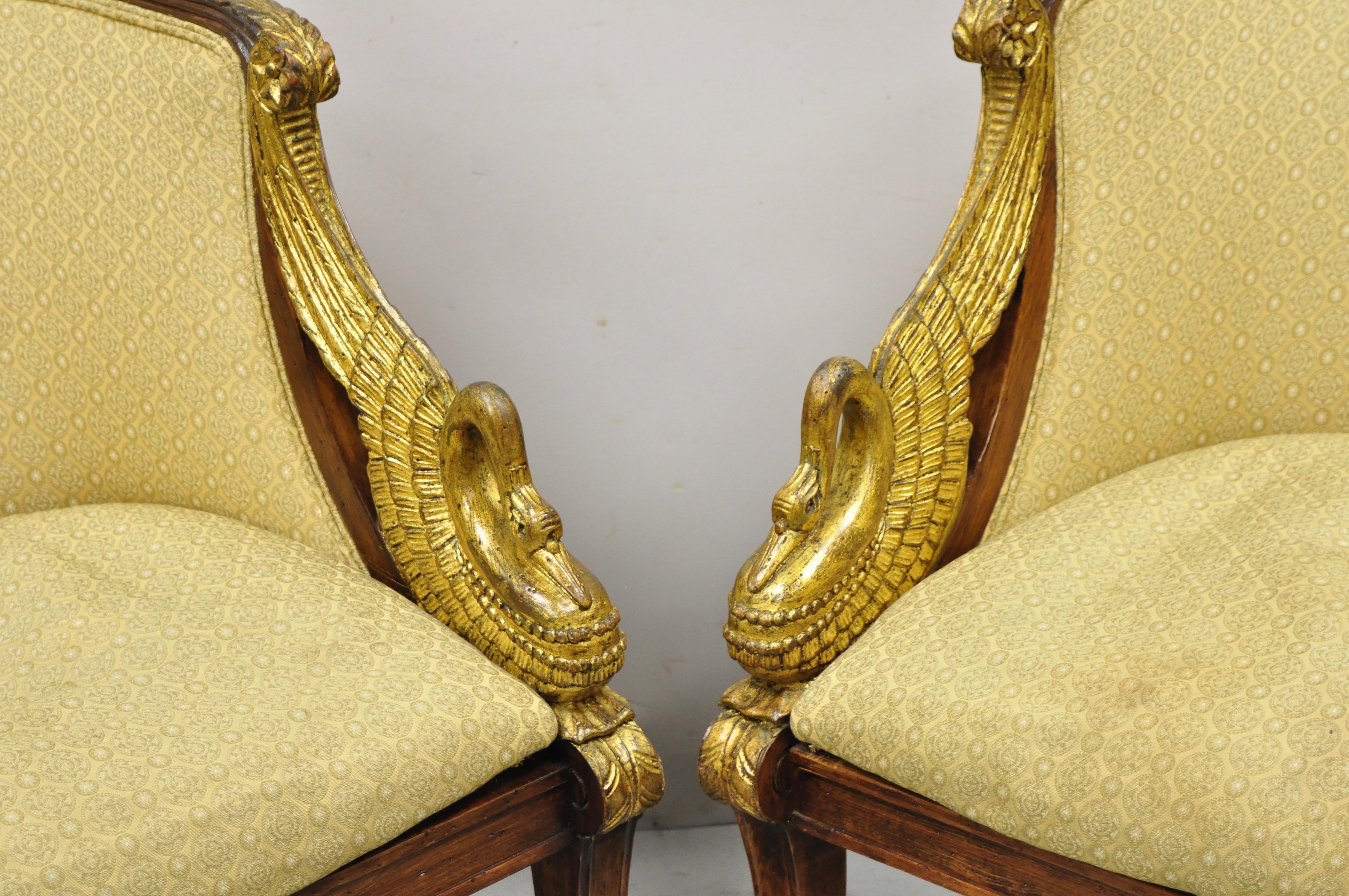 Italian Regency Carved Gold Gilt Wood Swans Barrel Back Club Chair, a Pair 7