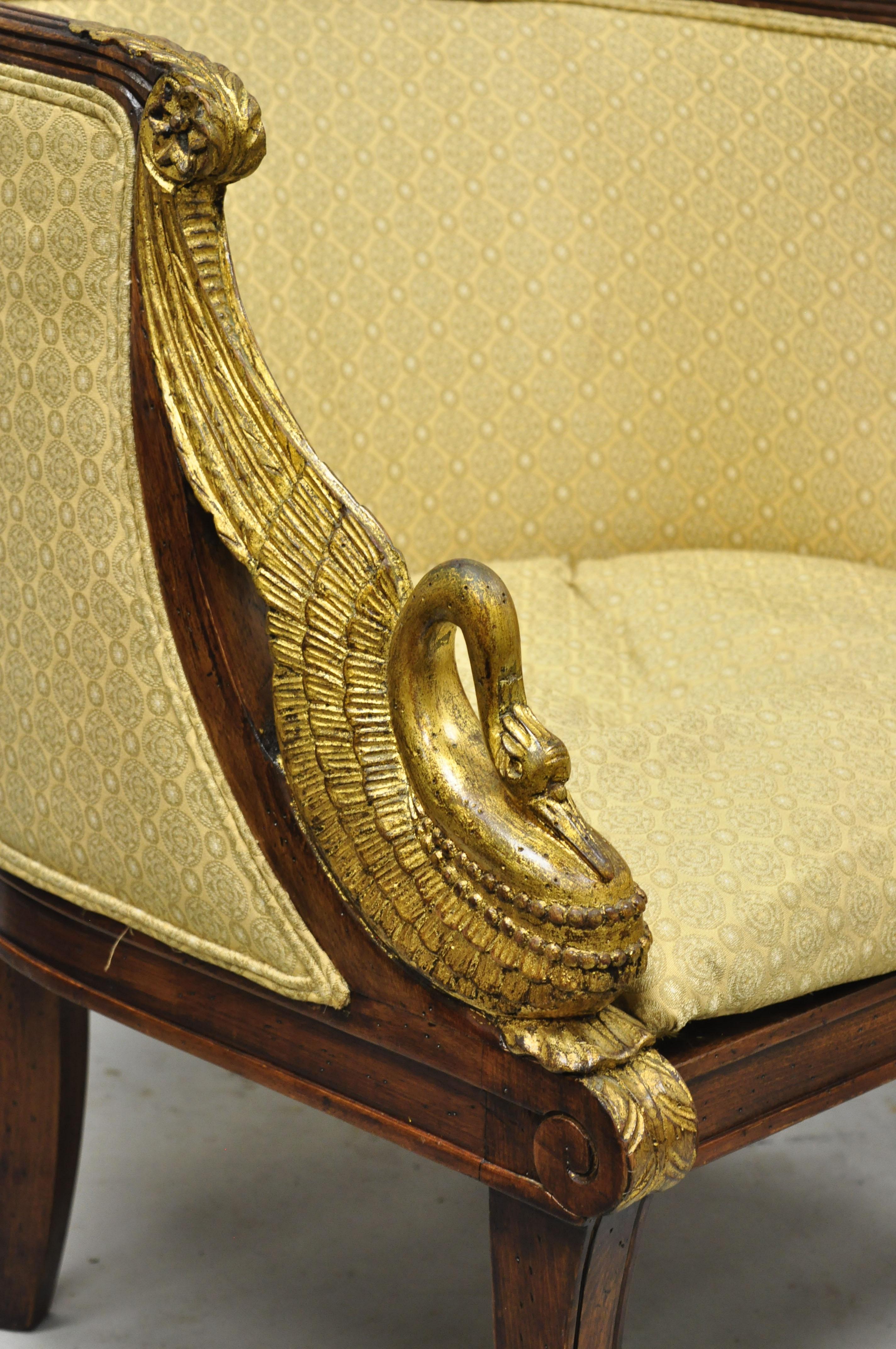 20th Century Italian Regency Carved Gold Gilt Wood Swans Barrel Back Club Chair, a Pair