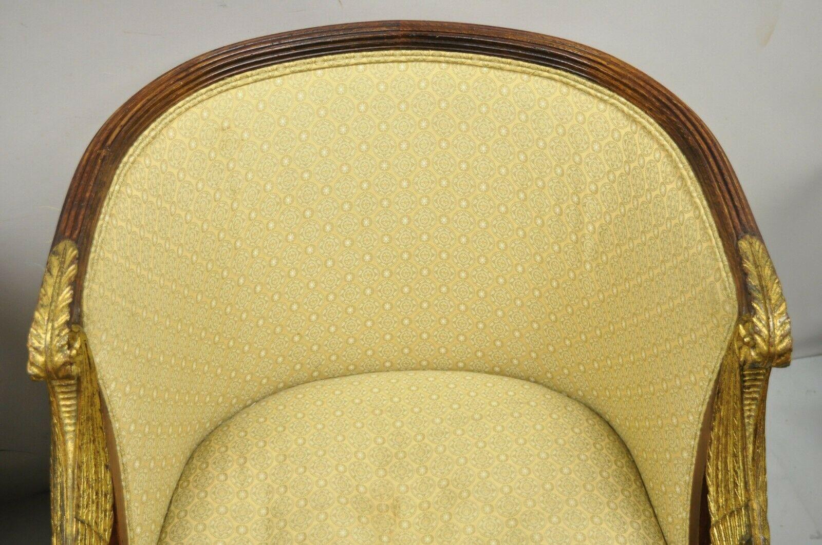 20th Century Italian Regency Carved Gold Gilt Wood Swans Barrel Back Club Chair, a Pair