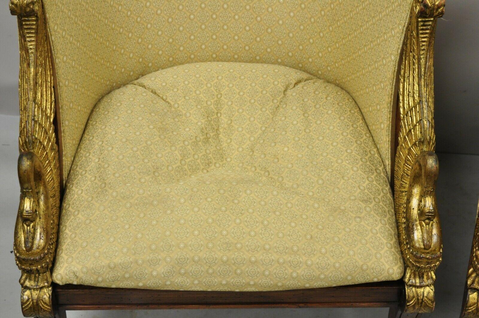 Italian Regency Carved Gold Gilt Wood Swans Barrel Back Club Chair, a Pair 1