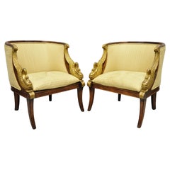 Italian Regency Carved Gold Gilt Wood Swans Barrel Back Club Chair, a Pair
