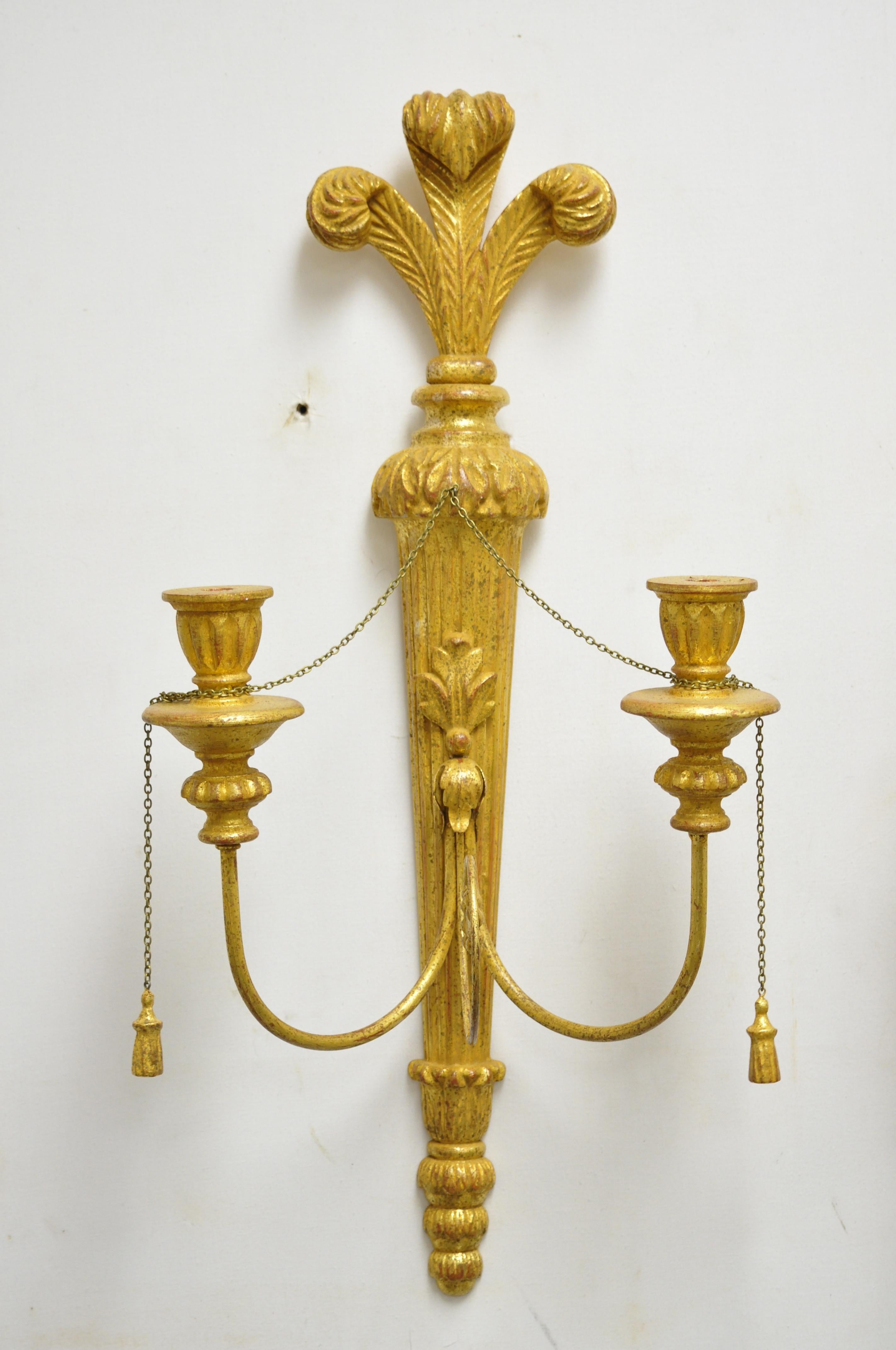 Italian Regency Carved Wood Gold Giltwood Plume Prince of Wales Sconces, a Pair In Good Condition In Philadelphia, PA